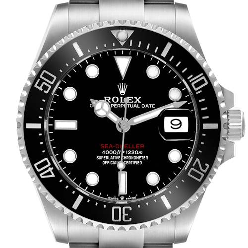 The image shows a front view of the Rolex Sea-Dweller watch, highlighting its bezel, dial, and crown.