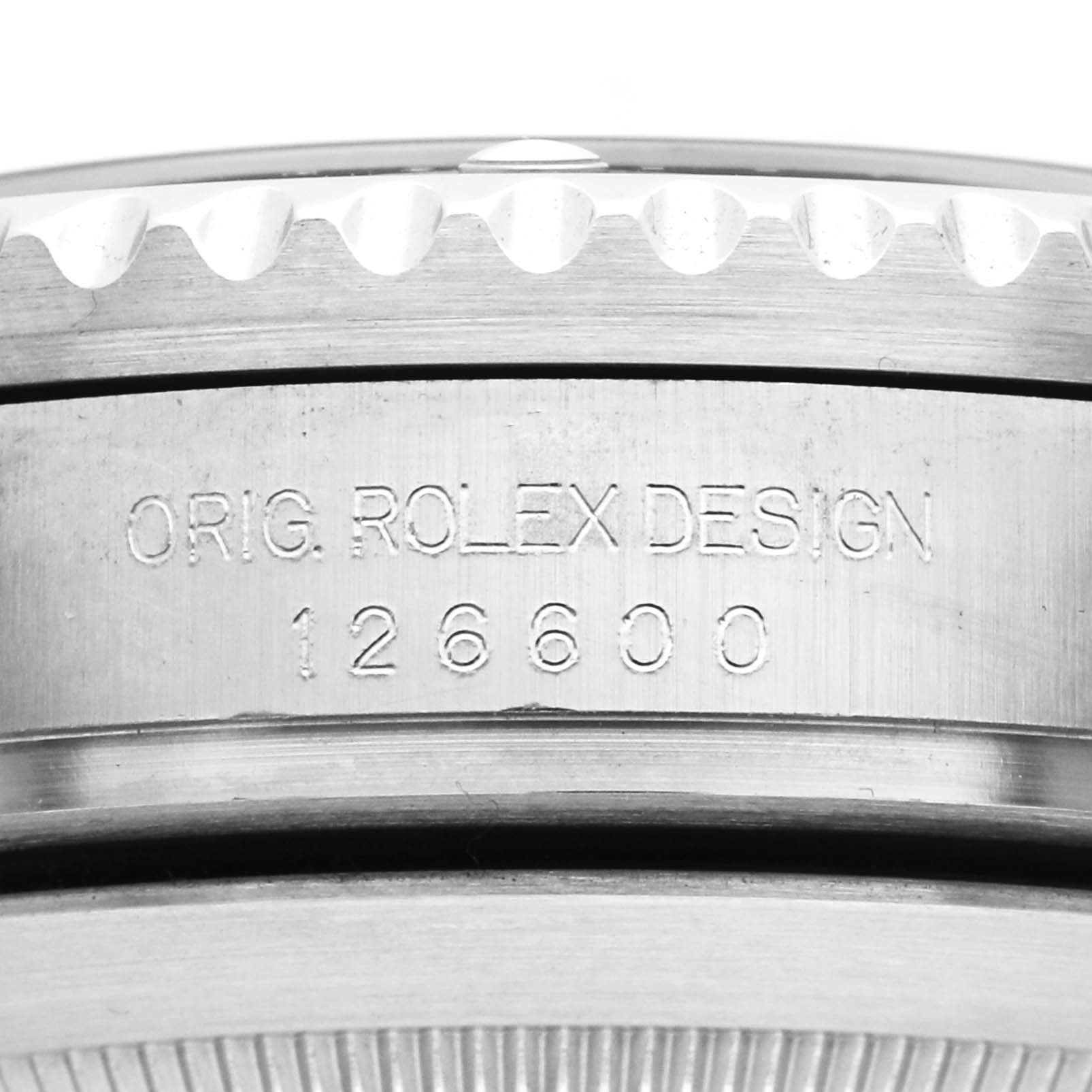 The image shows the side profile of the Rolex Sea-Dweller 126600 Men's Stainless Steel Black Dial 126600 Men's Stainless Steel Black Dial (model 126600), highlighting the engraved reference number.