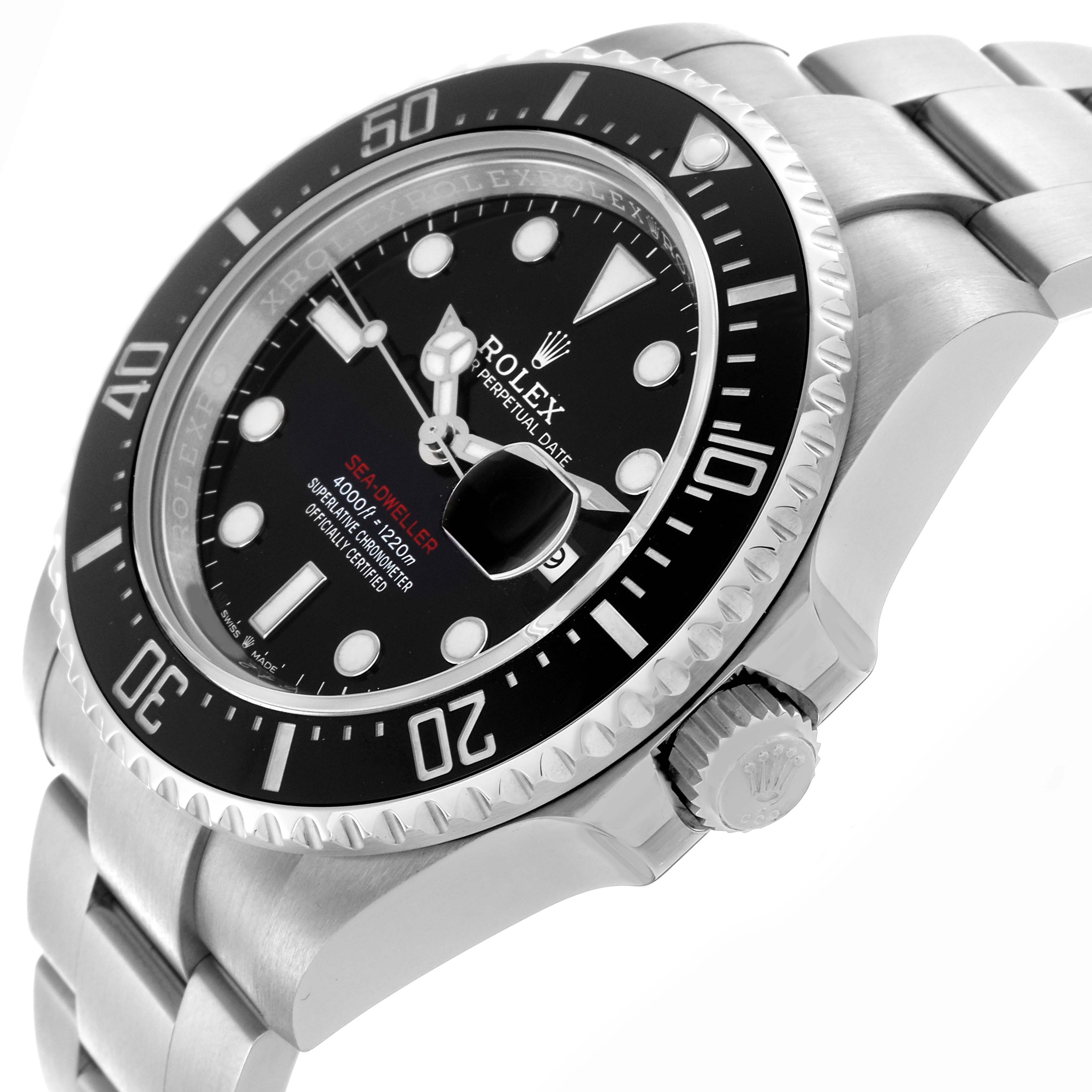 The image shows a side angle of the Rolex Sea-Dweller 126600 Men's Stainless Steel Black Dial 126600 Men's Stainless Steel Black Dial, highlighting the watch face, bezel, crown, and part of the bracelet.