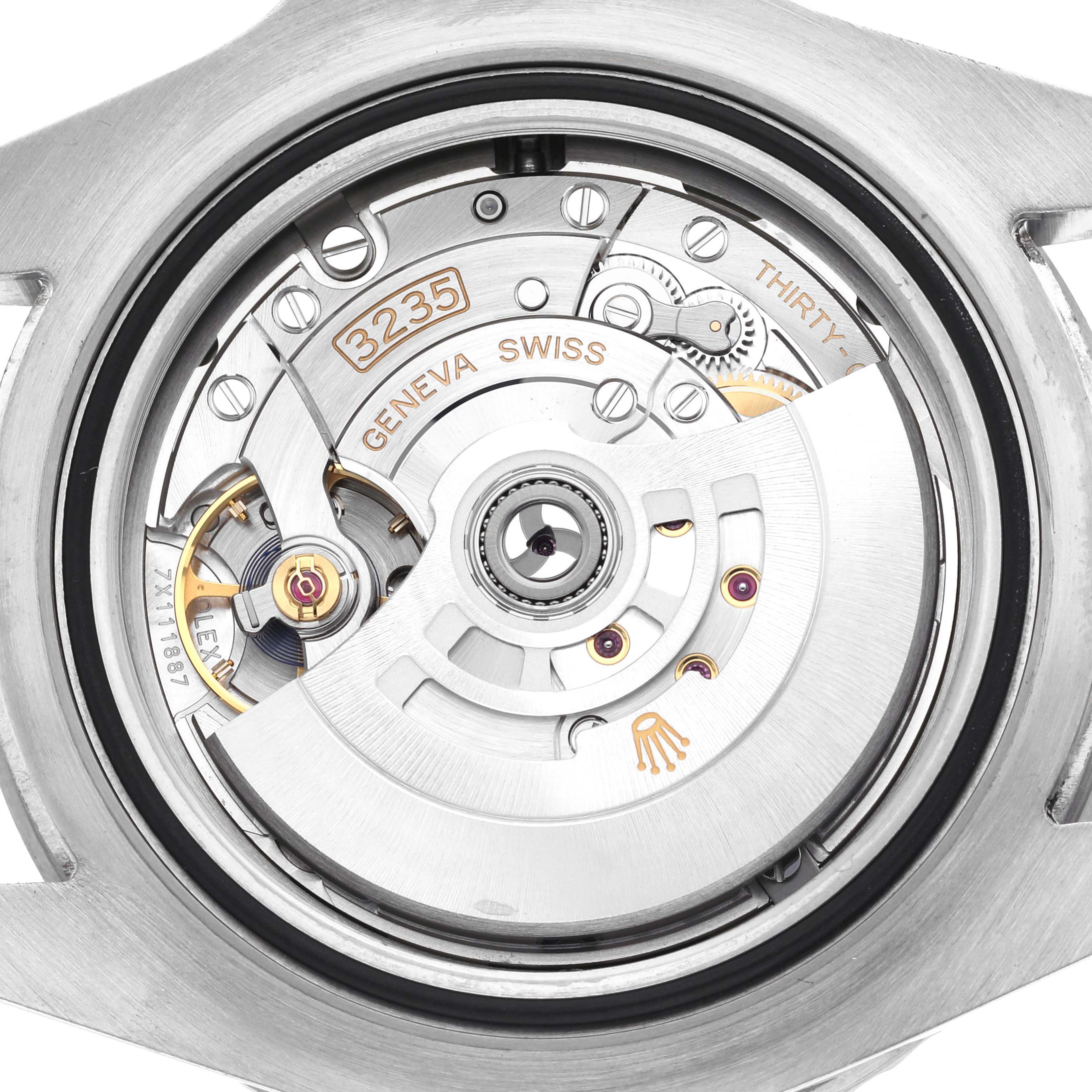 The image shows the movement of the Rolex Sea-Dweller 126600 Men's Stainless Steel Black Dial 126600 Men's Stainless Steel Black Dial watch from a back angle, highlighting the intricate inner mechanisms.