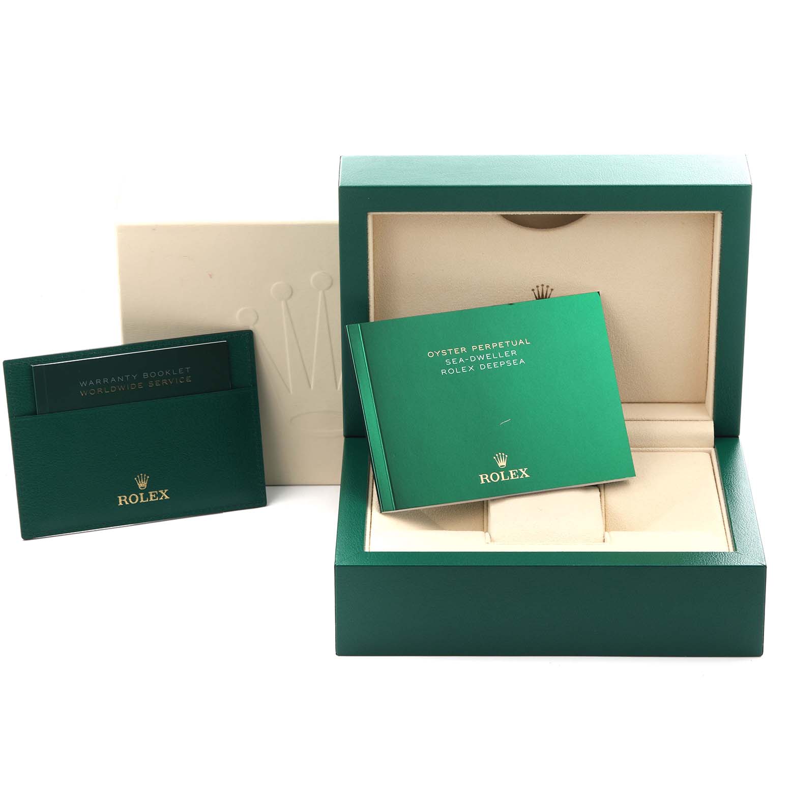 The image shows the packaging and accessories for the Rolex Sea-Dweller 126600 Men's Stainless Steel Black Dial 126600 Men's Stainless Steel Black Dial, including a watch box, booklet, and warranty card holder.