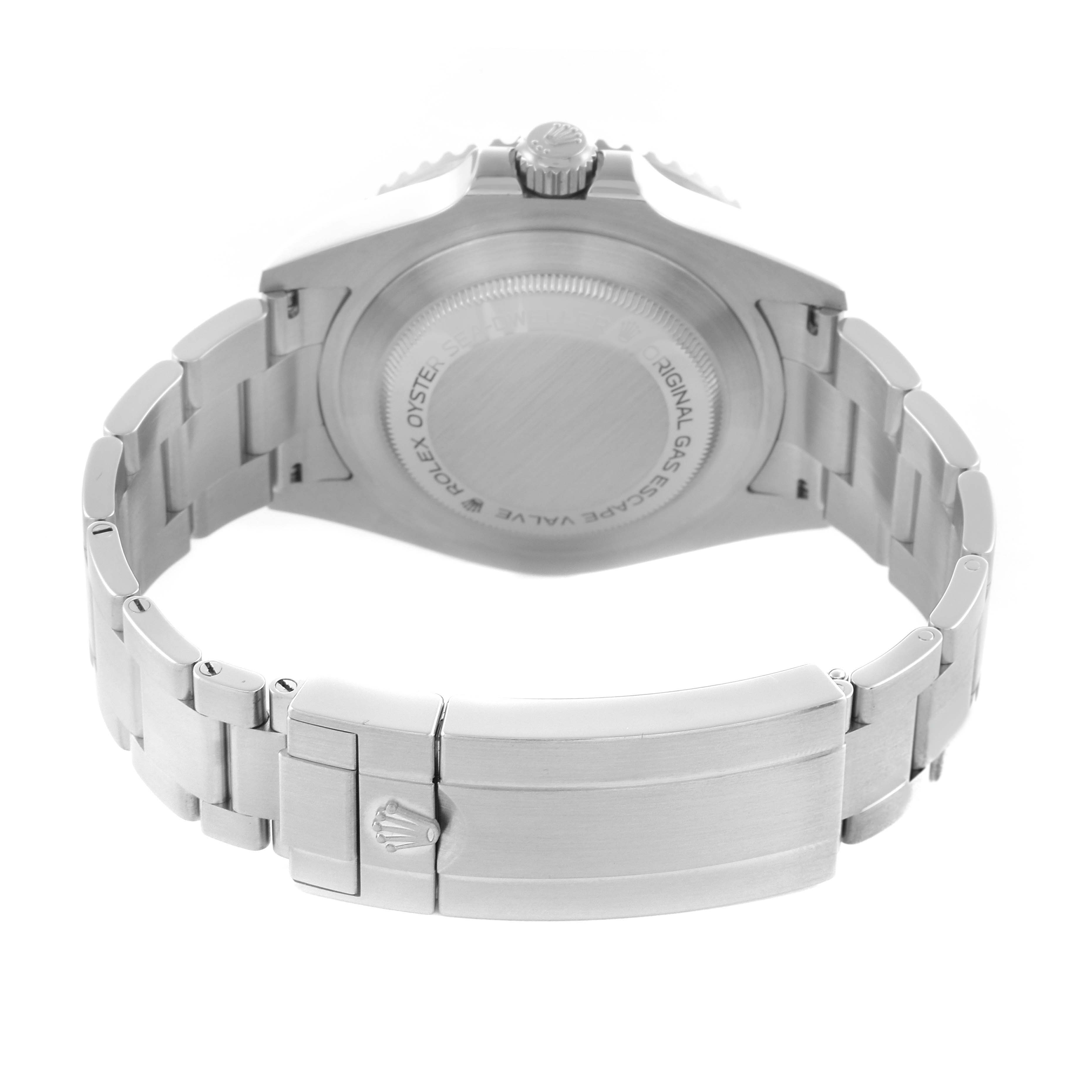 The image shows the Rolex Sea-Dweller 126600 Men's Stainless Steel Black Dial 126600 Men's Stainless Steel Black Dial's back case and bracelet clasp from the rear angle.