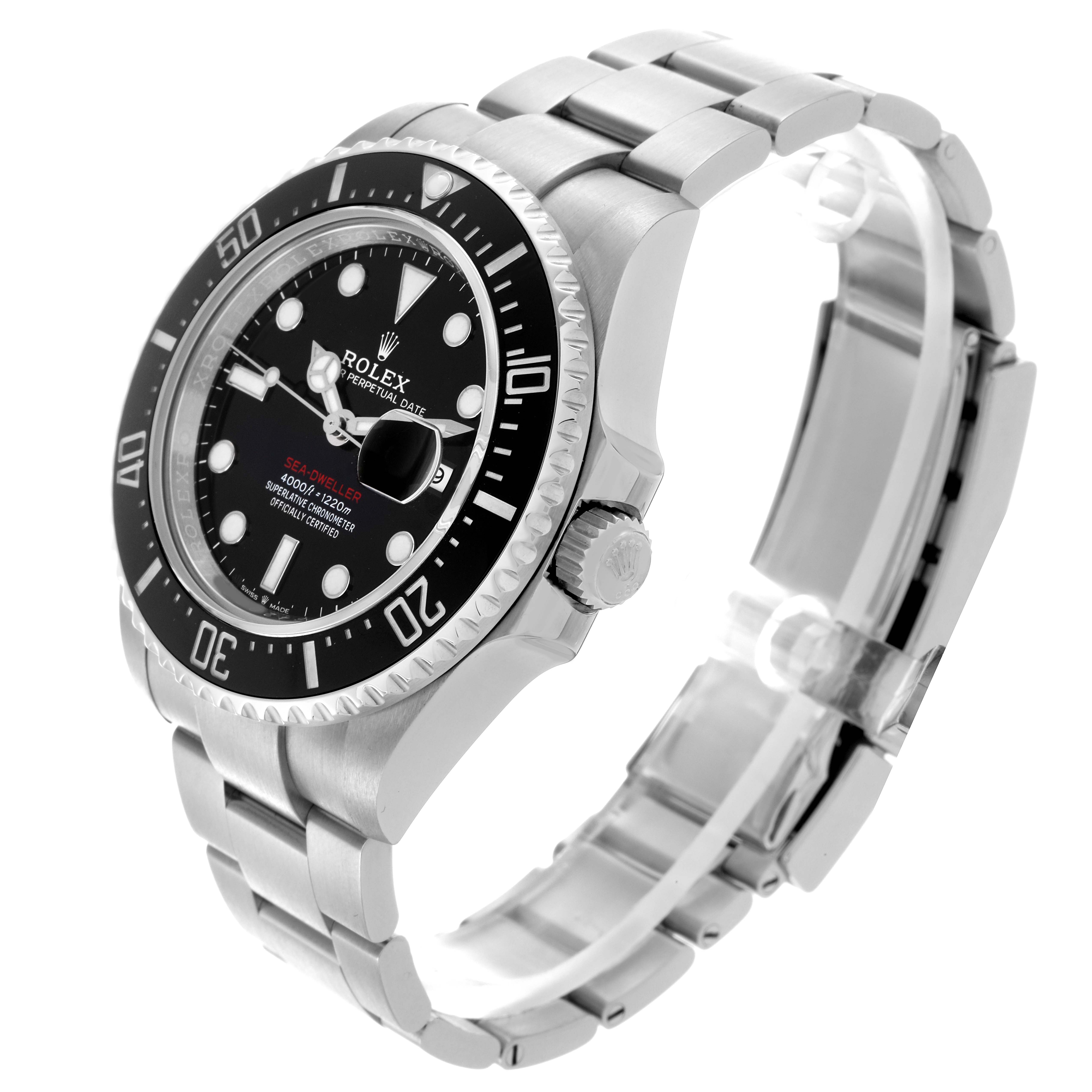 The Rolex Sea-Dweller 126600 Men's Stainless Steel Black Dial 126600 Men's Stainless Steel Black Dial watch is shown from a three-quarter angle, highlighting the bezel, dial, and bracelet.