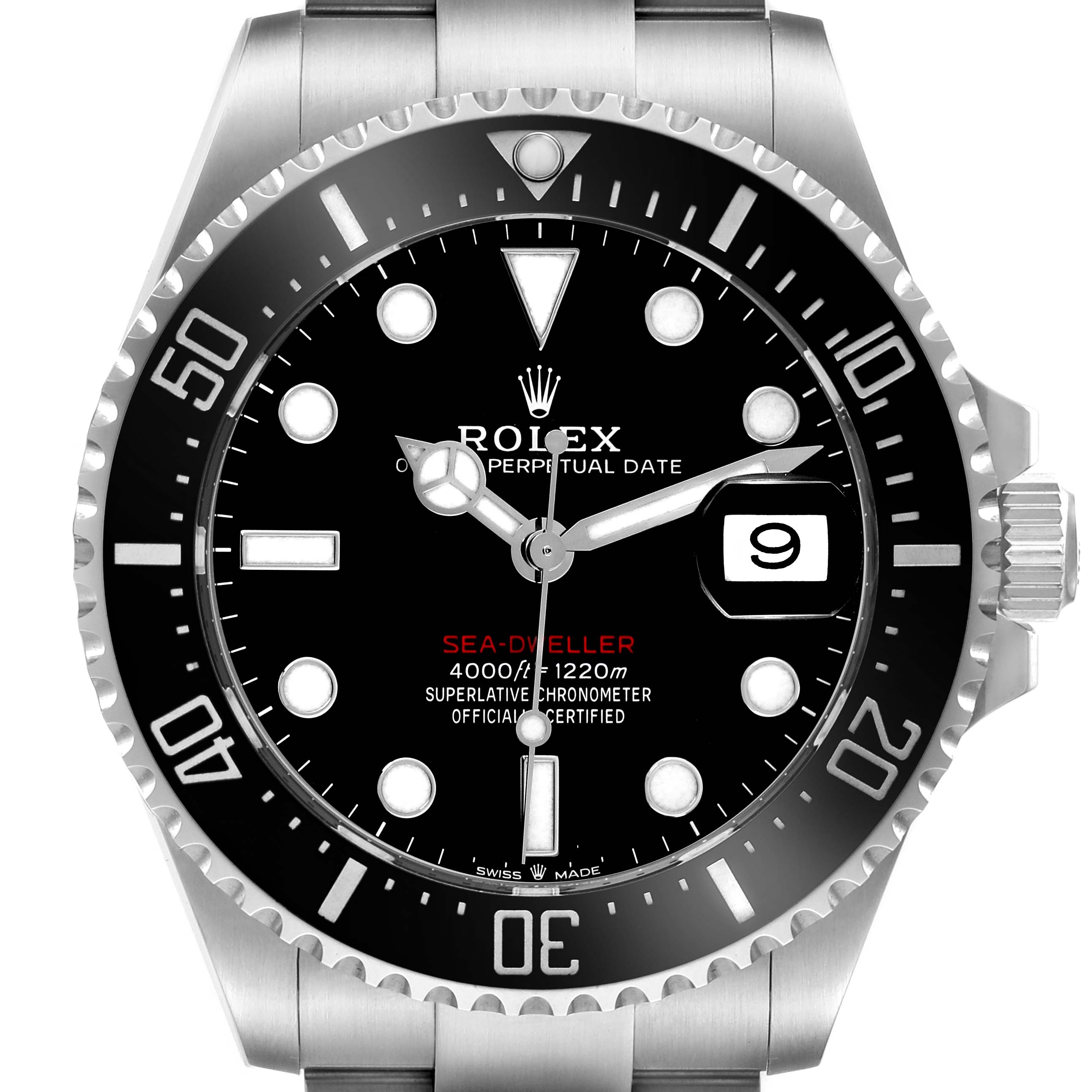 The Rolex Sea-Dweller 126600 Men's Stainless Steel Black Dial 126600 Men's Stainless Steel Black Dial watch is shown from the front, displaying the dial, bezel, hands, and crown.