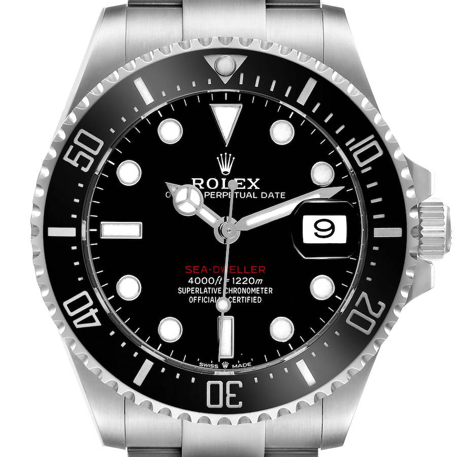 The Rolex Sea-Dweller watch is shown from the front, displaying the dial, bezel, hands, and crown.