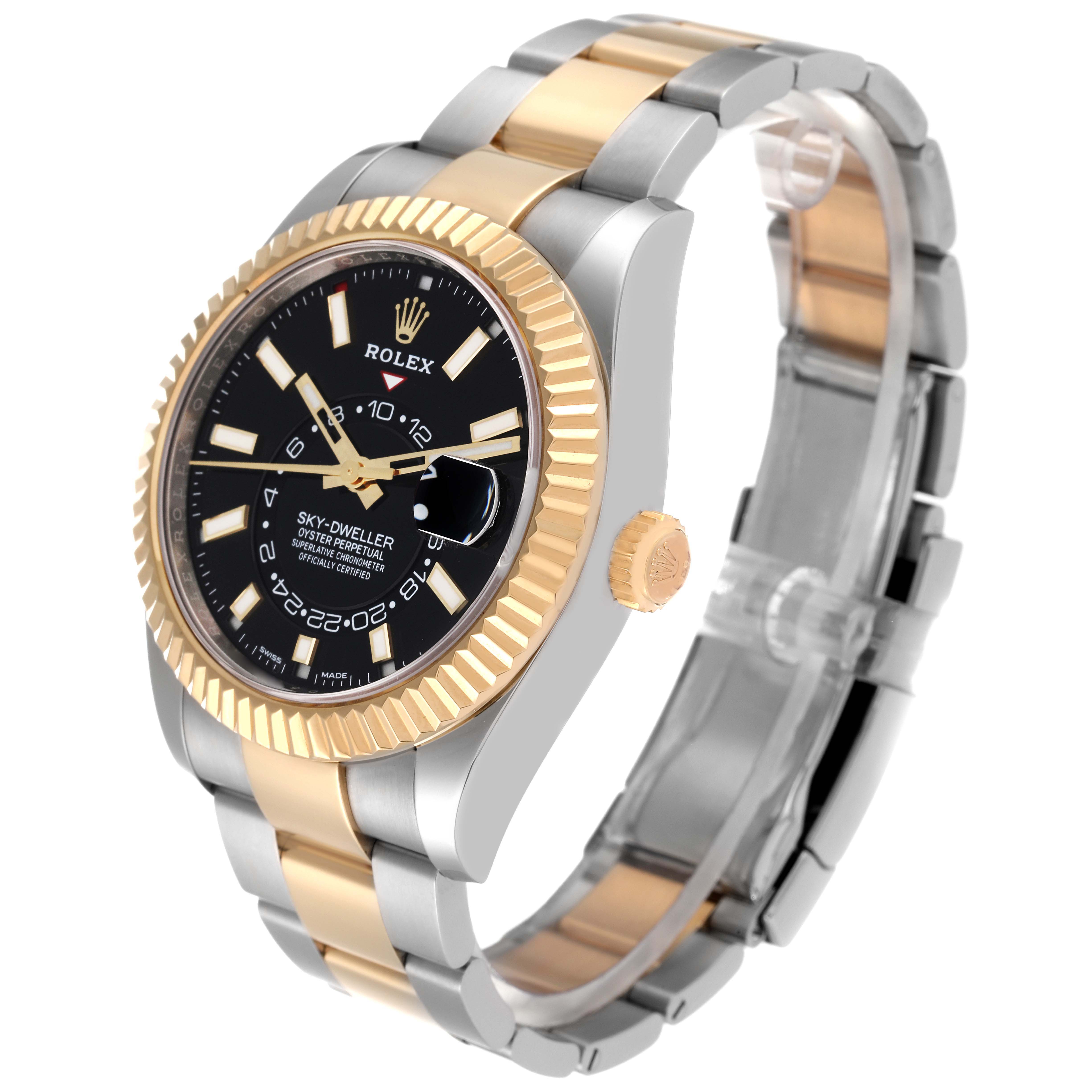 The Rolex Sky-Dweller 326933 Men's Steel and Gold (two tone) Black Dial 326933 Men's Steel and Gold (two tone) Black Dial watch is shown at a three-quarter angle, displaying its face, bezel, bracelet, and crown.