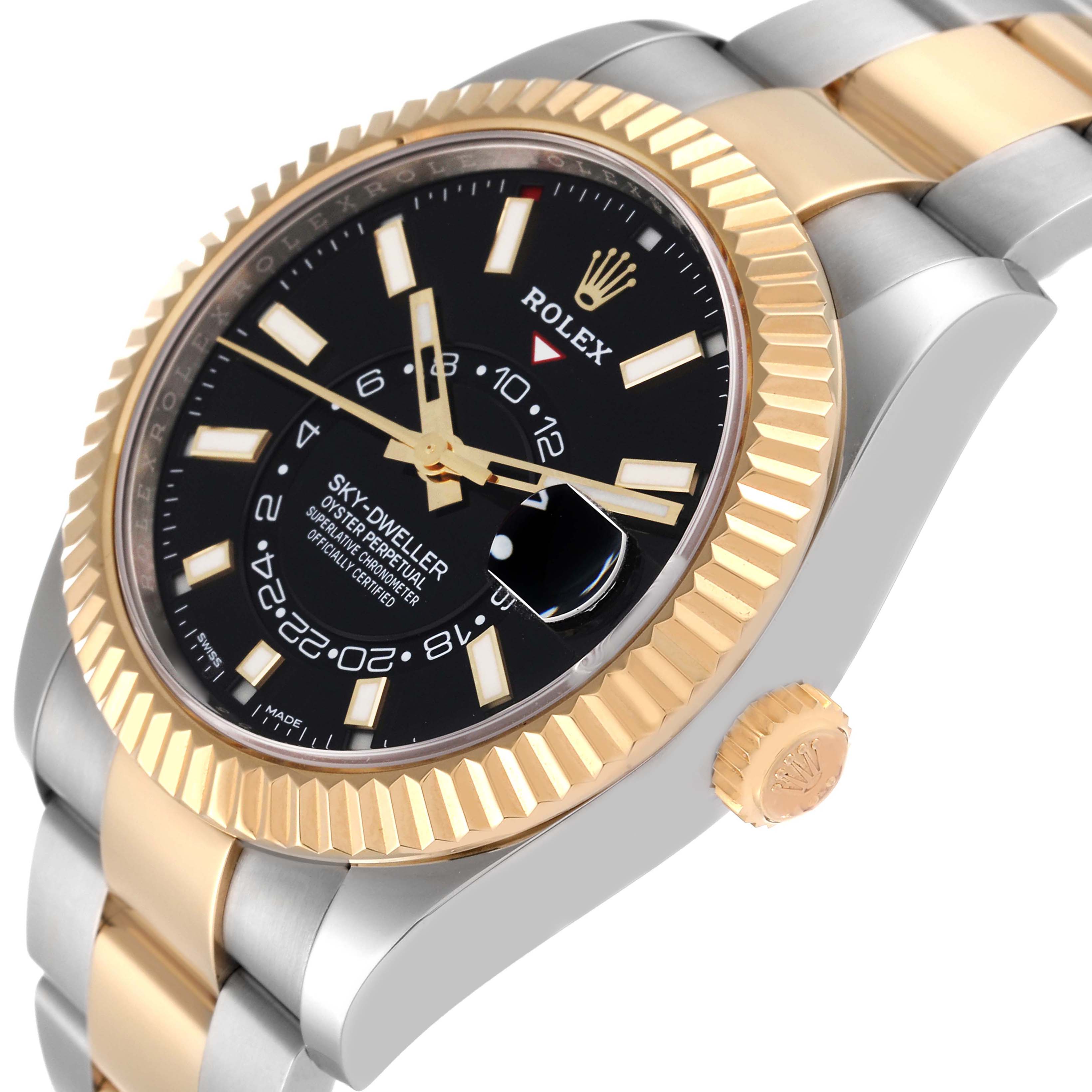 This image shows a close-up angled view of the Rolex Sky-Dweller 326933 Men's Steel and Gold (two tone) Black Dial 326933 Men's Steel and Gold (two tone) Black Dial watch, highlighting the black dial, gold bezel, and two-tone bracelet.