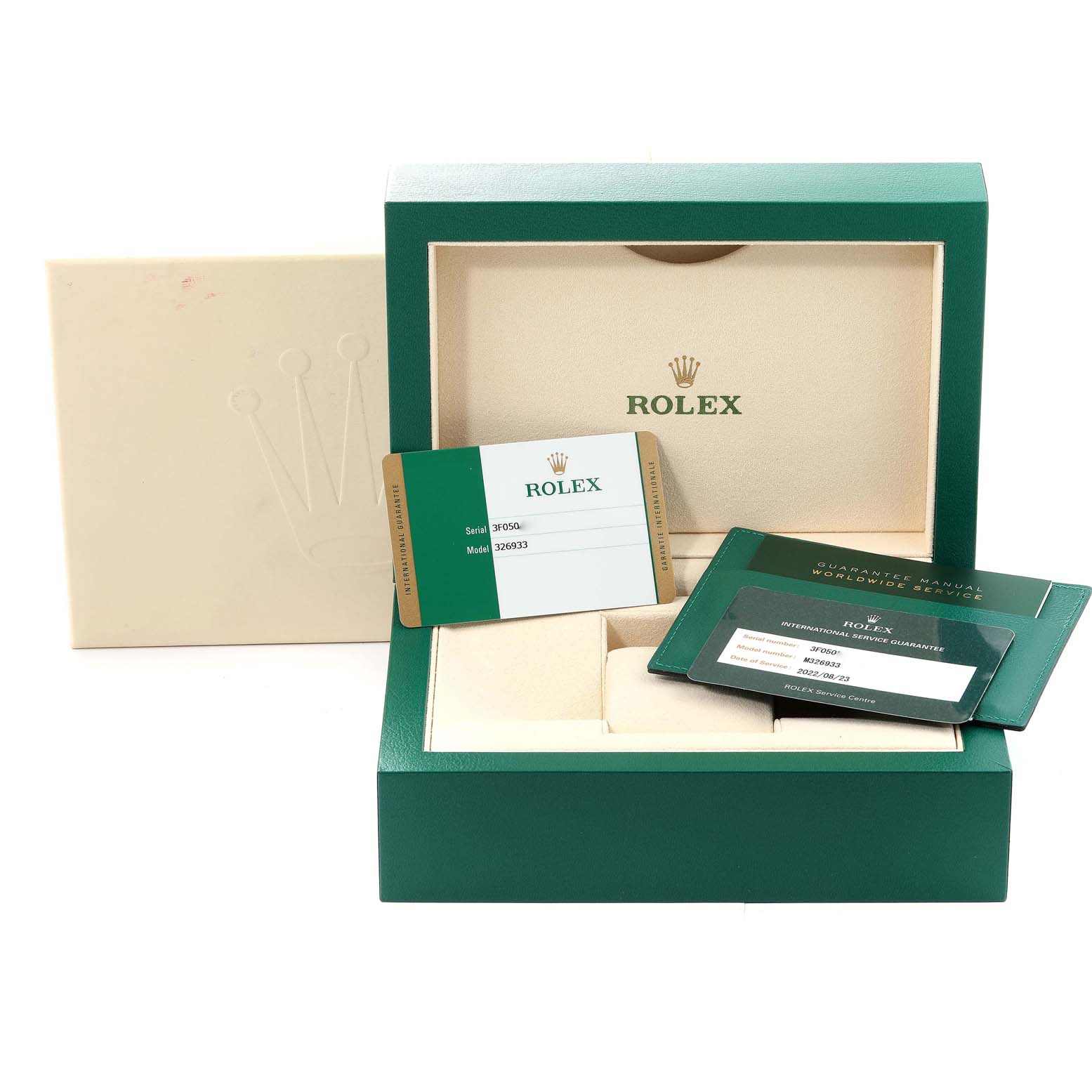 The image shows the packaging, international service guarantee card, and guarantee manual for a Rolex Sky-Dweller 326933 Men's Steel and Gold (two tone) Black Dial 326933 Men's Steel and Gold (two tone) Black Dial watch.