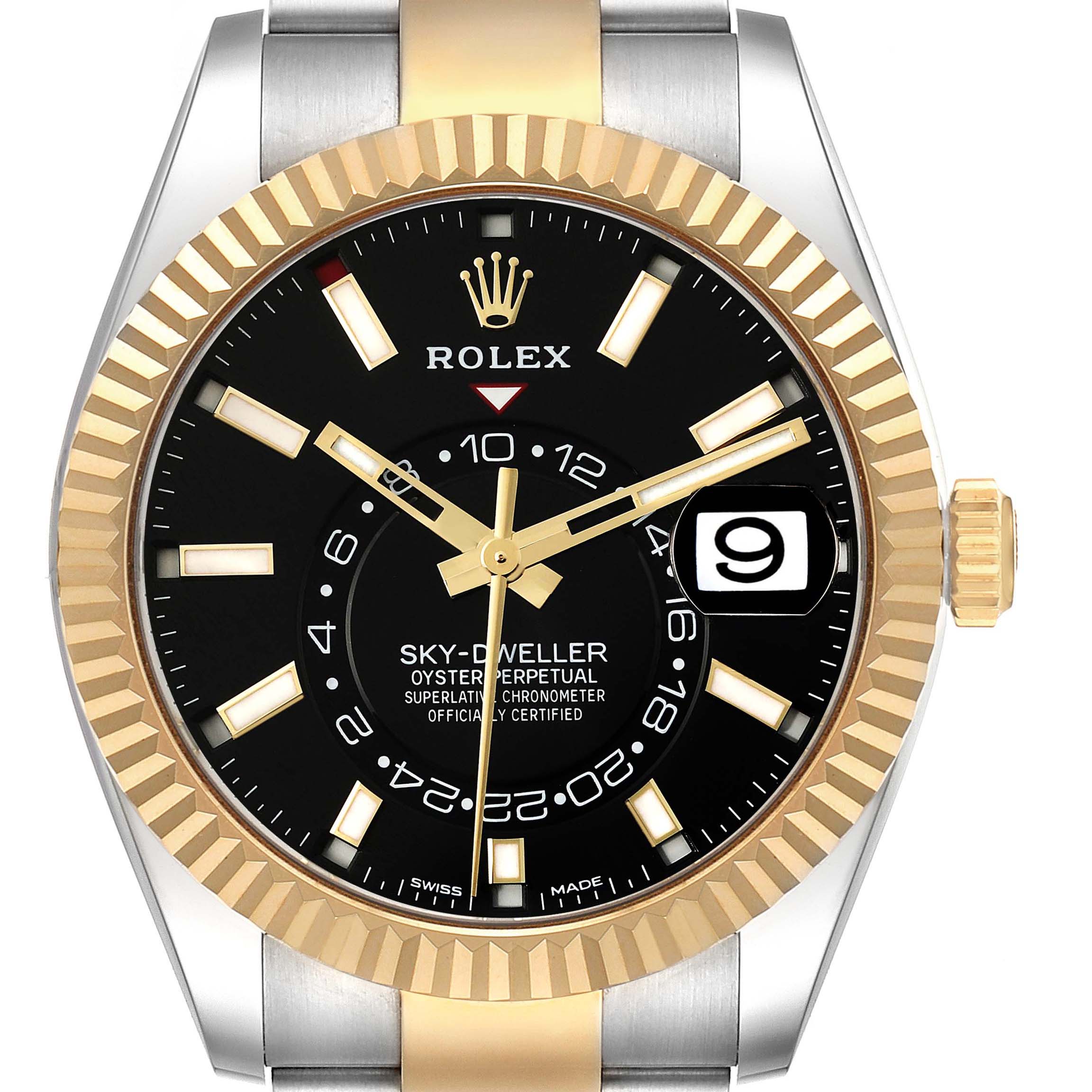 This image shows a close-up of the Rolex Sky-Dweller 326933 Men's Steel and Gold (two tone) Black Dial 326933 Men's Steel and Gold (two tone) Black Dial watch face, highlighting the black dial, gold hands, bezel, and date feature.