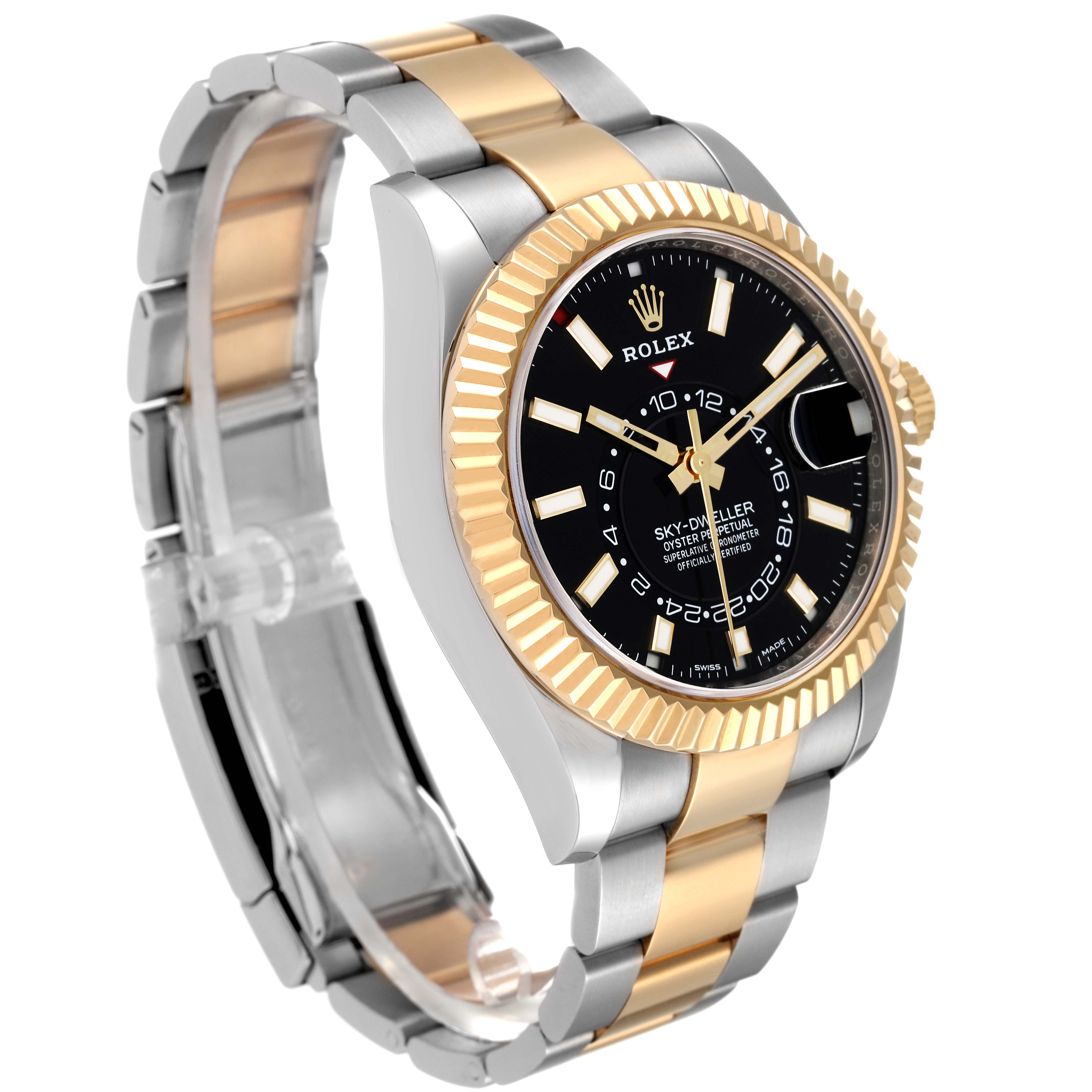 This image shows a Rolex Sky-Dweller 326933 Men's Steel and Gold (two tone) Black Dial 326933 Men's Steel and Gold (two tone) Black Dial watch from a three-quarter side angle, highlighting its black dial, fluted bezel, and two-tone bracelet.