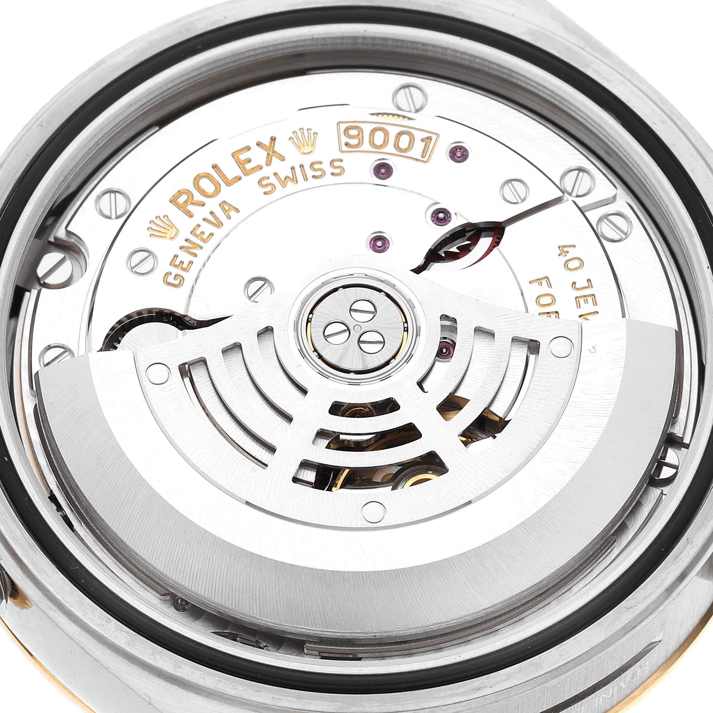 The image shows the detailed movement mechanism of the Rolex Sky-Dweller 326933 Men's Steel and Gold (two tone) Black Dial 326933 Men's Steel and Gold (two tone) Black Dial, highlighting its internal components from the back.