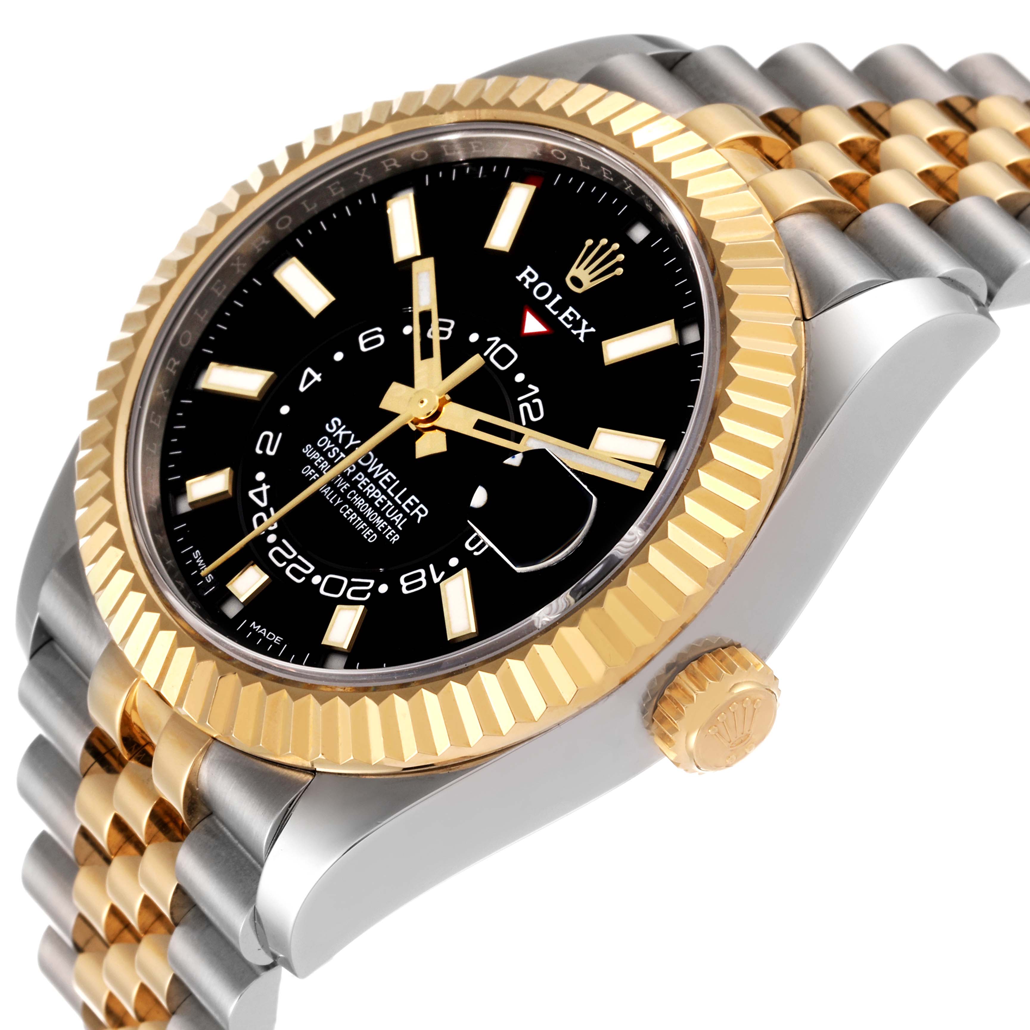 The Rolex Sky-Dweller 326933 Men's Steel and Gold (two tone) Black Dial 326933 Men's Steel and Gold (two tone) Black Dial watch is shown at an angled view, highlighting the black dial, fluted yellow-gold bezel, and two-tone bracelet.