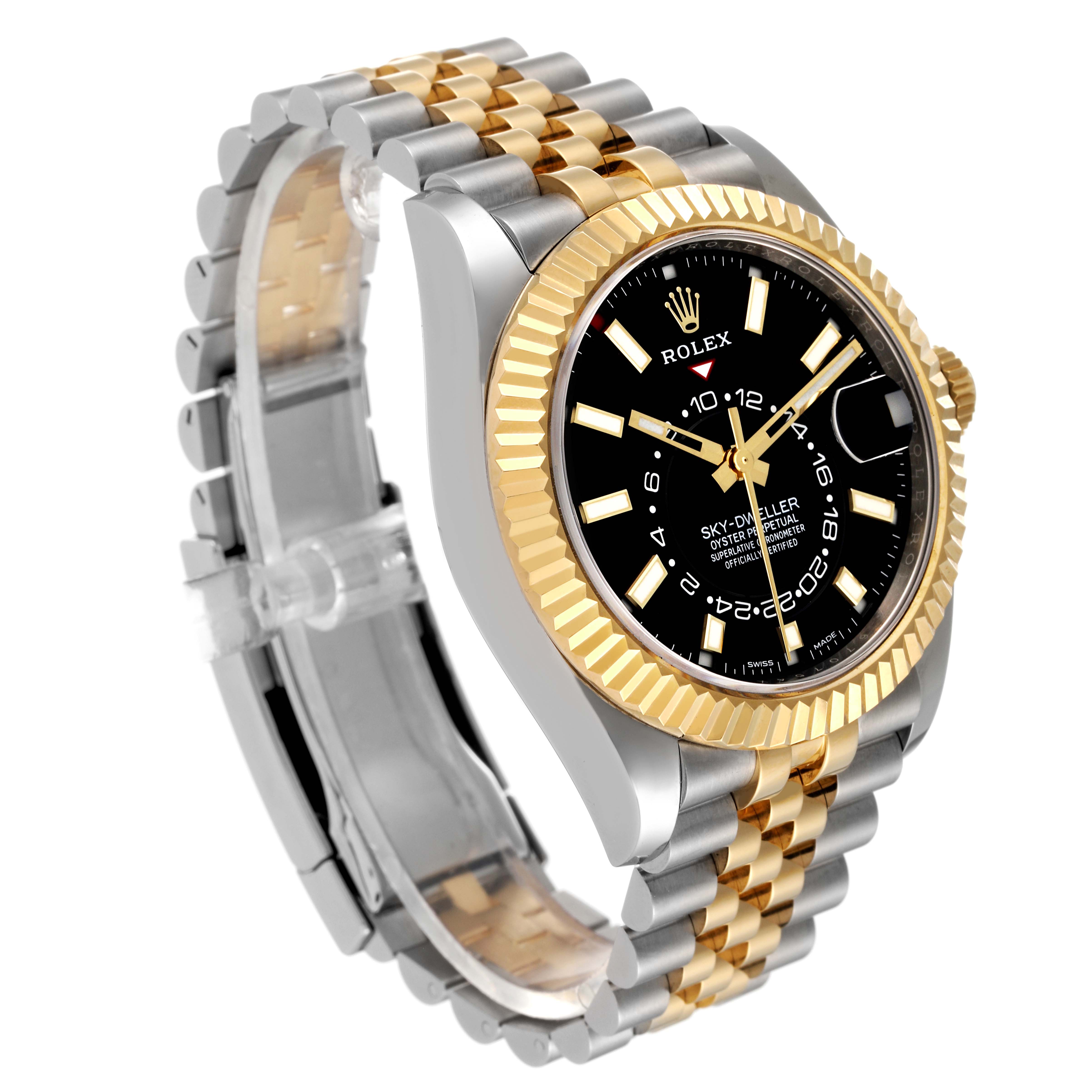 This image shows a Rolex Sky-Dweller 326933 Men's Steel and Gold (two tone) Black Dial 326933 Men's Steel and Gold (two tone) Black Dial watch at a three-quarter angle, highlighting its gold and silver bracelet and black dial.