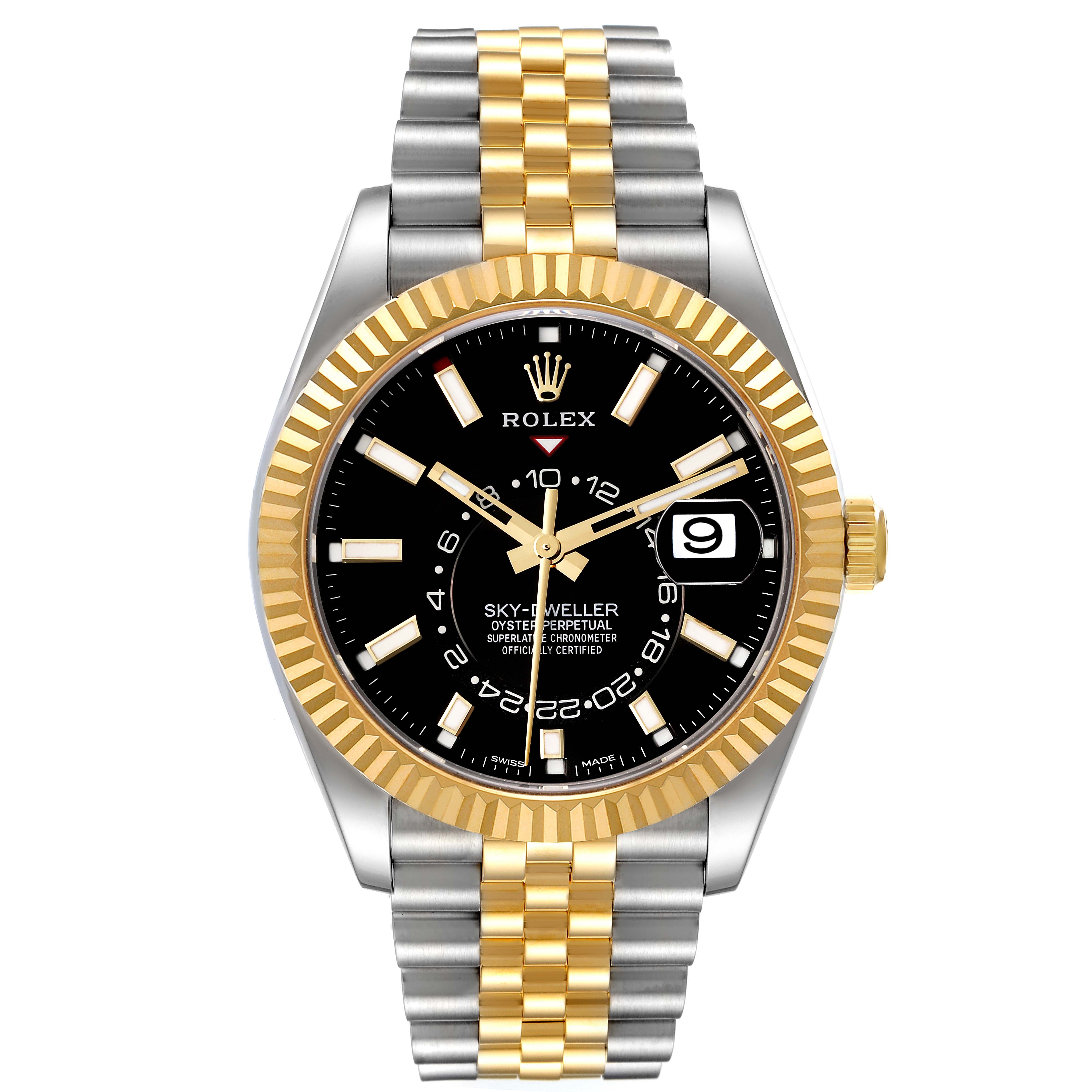 The image shows a front view of the Rolex Sky-Dweller 326933 Men's Steel and Gold (two tone) Black Dial 326933 Men's Steel and Gold (two tone) Black Dial watch, featuring a two-tone bracelet, black dial, and date window.