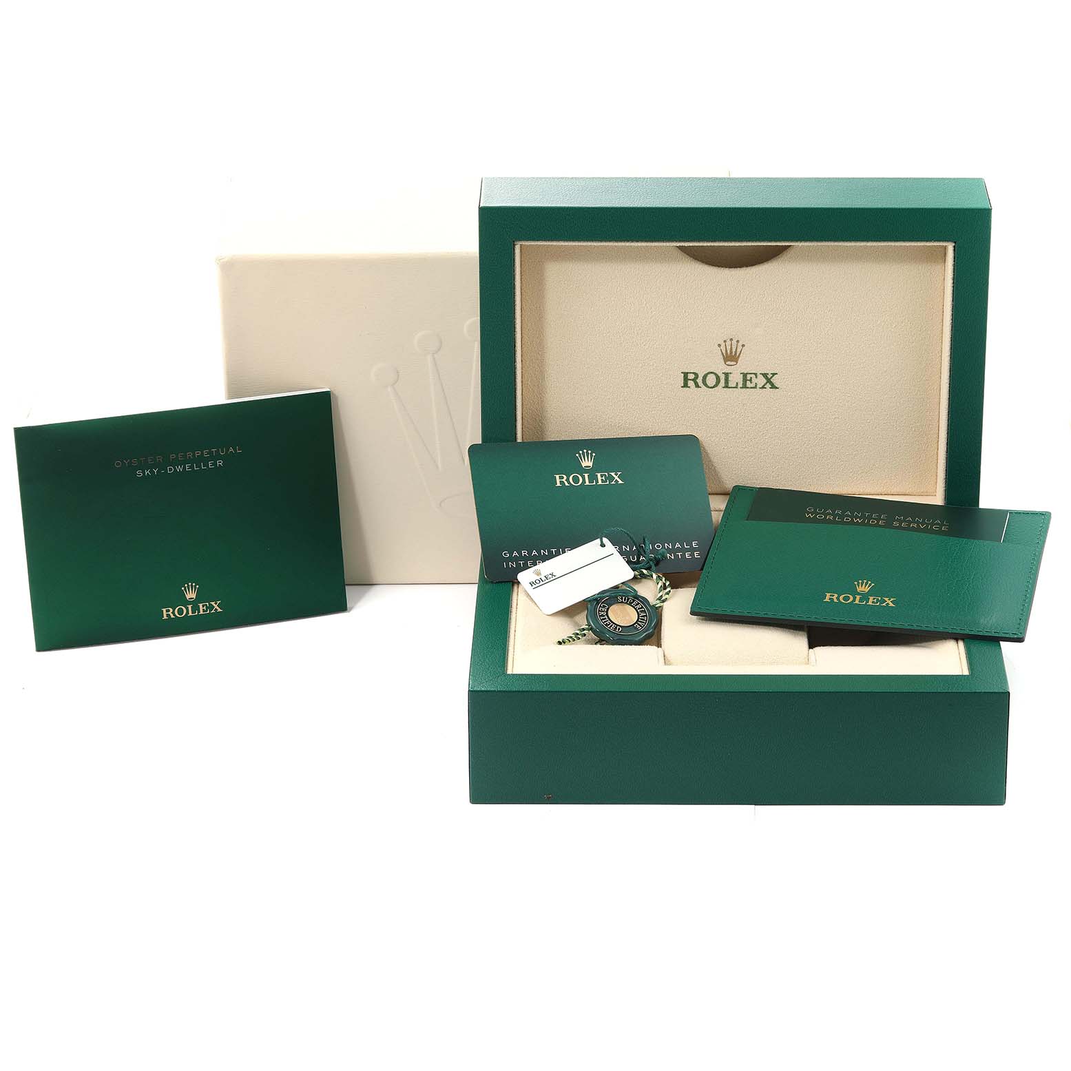 The image shows the Rolex Sky-Dweller 326933 Men's Steel and Gold (two tone) Black Dial 326933 Men's Steel and Gold (two tone) Black Dial watch in its box along with booklets and warranty cards.