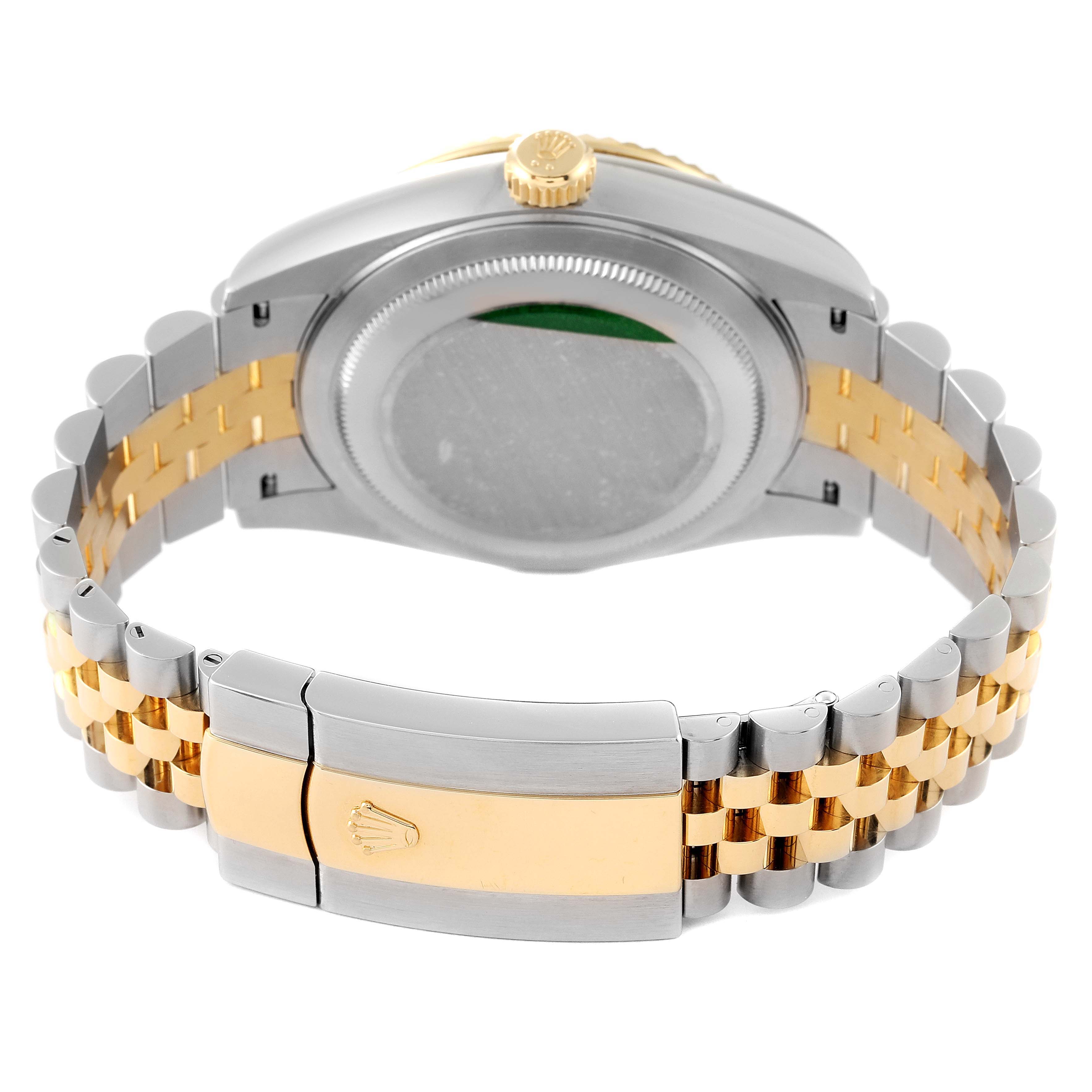 This image shows the rear view of the Rolex Sky-Dweller 326933 Men's Steel and Gold (two tone) Black Dial 326933 Men's Steel and Gold (two tone) Black Dial watch, featuring its two-tone bracelet and clasp.