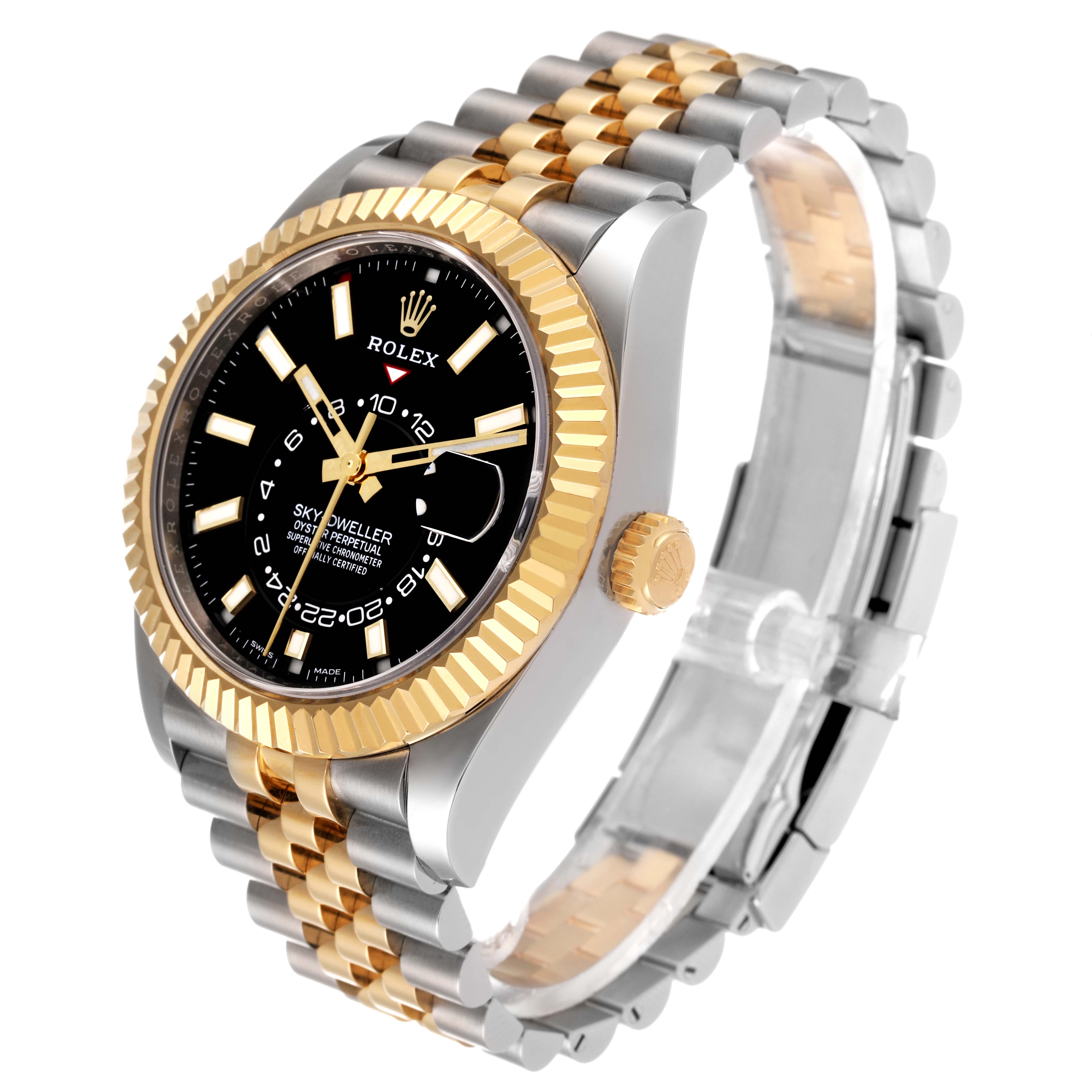 The image shows a Rolex Sky-Dweller 326933 Men's Steel and Gold (two tone) Black Dial 326933 Men's Steel and Gold (two tone) Black Dial watch at an angled side view, highlighting its face, bezel, crown, and two-tone bracelet.