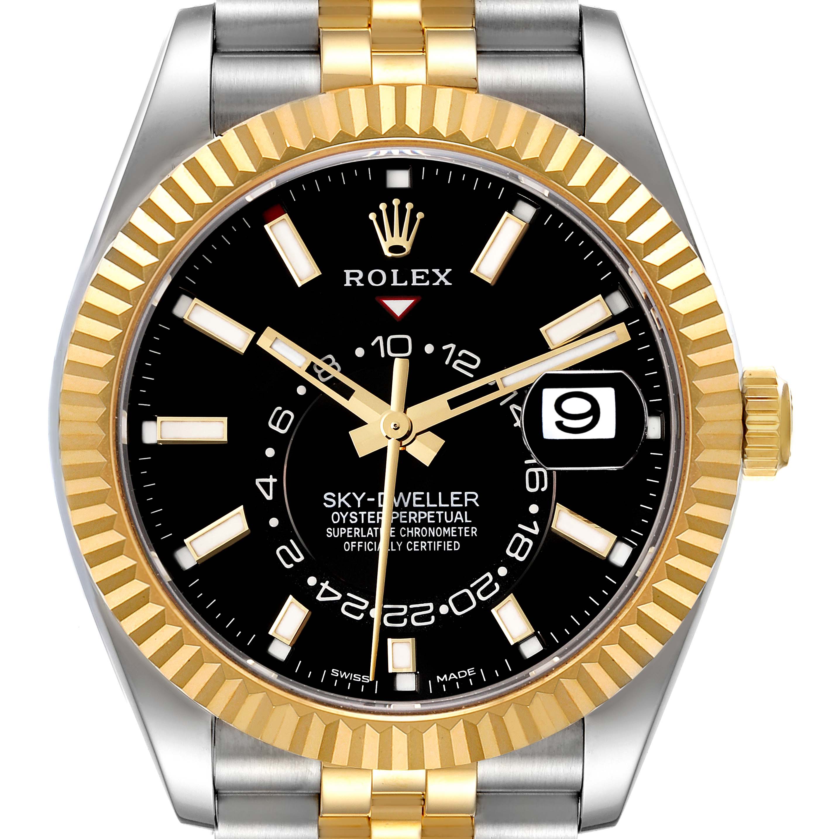 This image shows the front view of a Rolex Sky-Dweller 326933 Men's Steel and Gold (two tone) Black Dial 326933 Men's Steel and Gold (two tone) Black Dial watch, displaying the dial, bezel, and part of the bracelet.