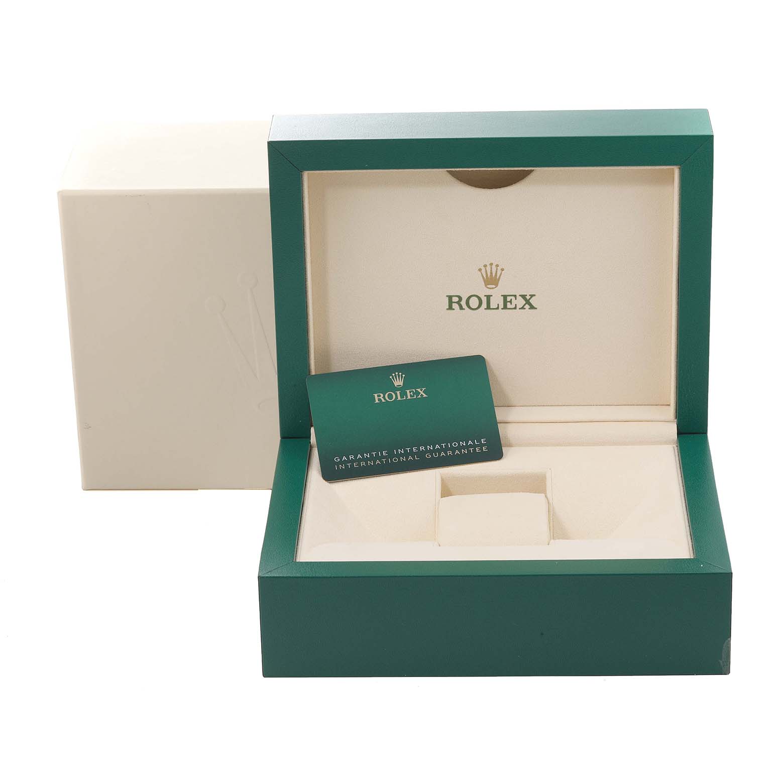 The image shows a Rolex Sky-Dweller 336933 Men's Steel and Gold (two tone) Black Dial watch box and warranty card, viewed from the front, with the lid open.