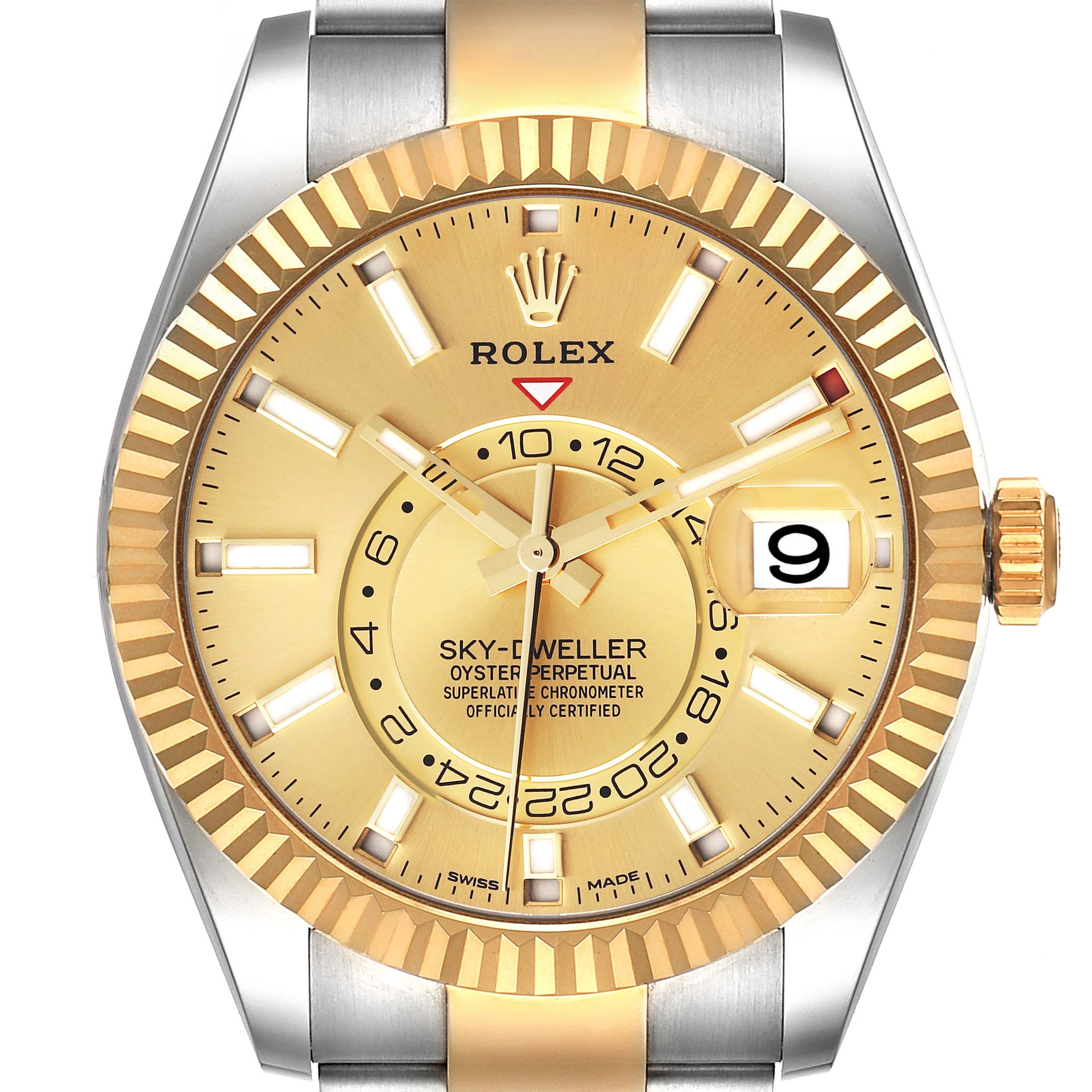 This image shows a front view of the Rolex Sky-Dweller 326933 Men's Steel and Gold (two tone) Champagne Dial 326933 Men's Steel and Gold (two tone) Champagne Dial watch, highlighting the dial, bezel, and part of the bracelet.