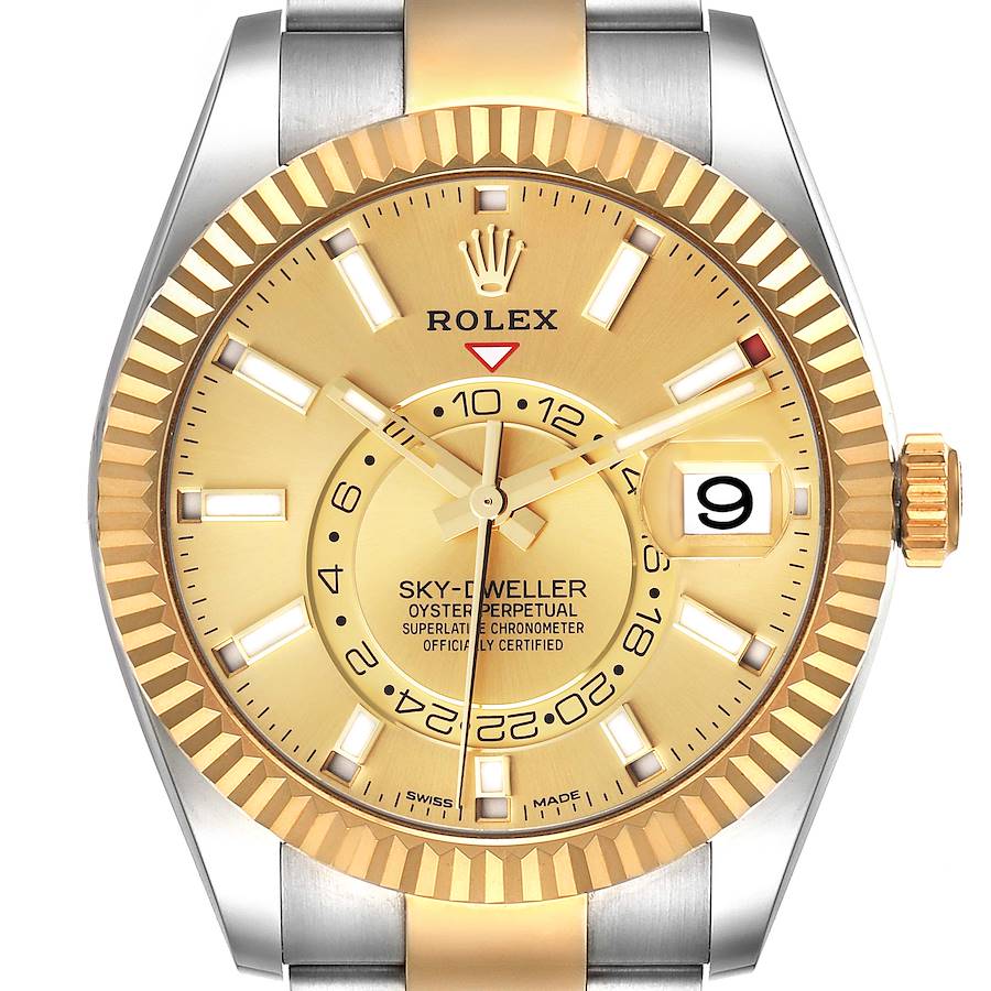 Rolex Sky Dweller Steel Yellow Gold Champagne Dial Mens Watch 326933 Box Card SwissWatchExpo