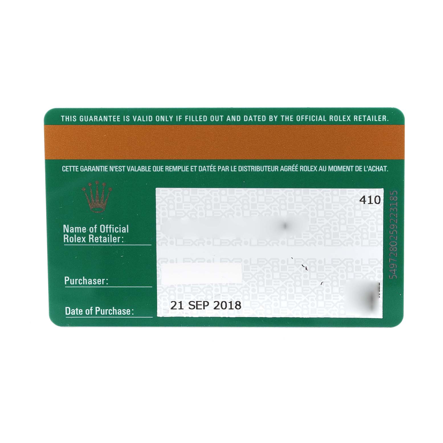 The image shows a warranty card for a Rolex Sky-Dweller 326933 Men's Steel and Gold (two tone) Champagne Dial 326933 Men's Steel and Gold (two tone) Champagne Dial watch, dated 21 Sep 2018.