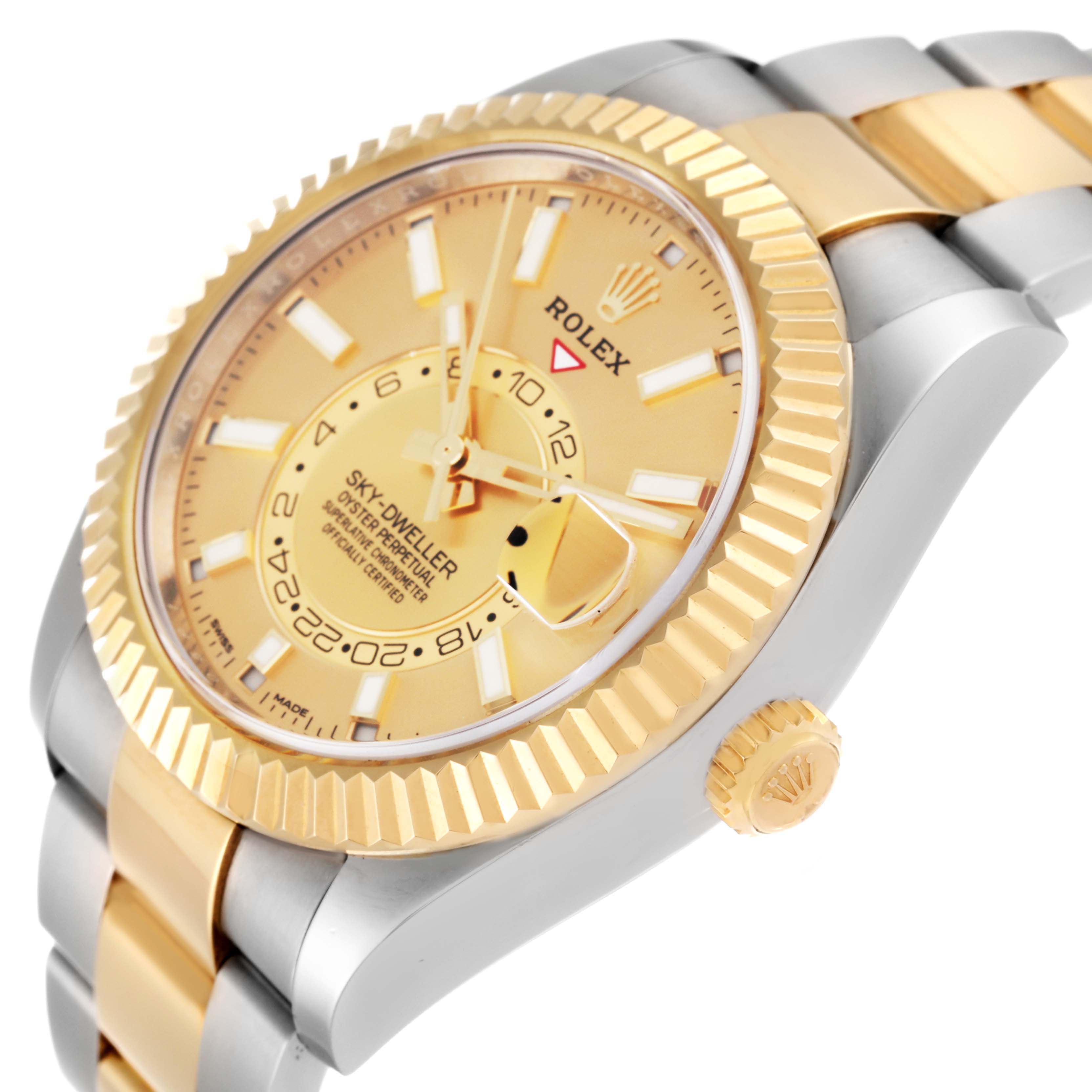 The photo shows a close-up of the Rolex Sky-Dweller 326933 Men's Steel and Gold (two tone) Champagne Dial 326933 Men's Steel and Gold (two tone) Champagne Dial's face and partial bracelet from an angled side view.