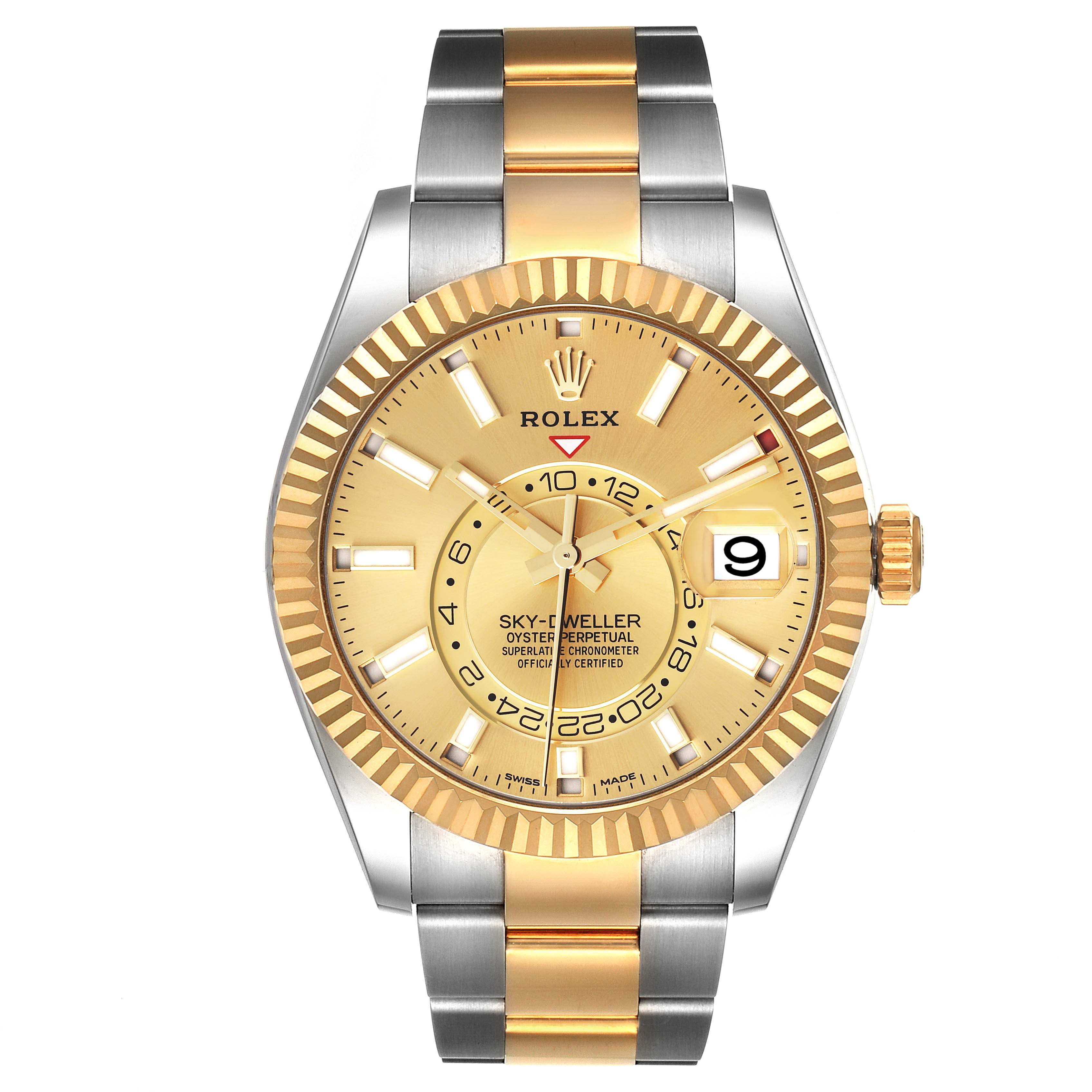 The Rolex Sky-Dweller 326933 Men's Steel and Gold (two tone) Champagne Dial 326933 Men's Steel and Gold (two tone) Champagne Dial watch is shown from a frontal angle, highlighting its gold and silver design and intricate dial.