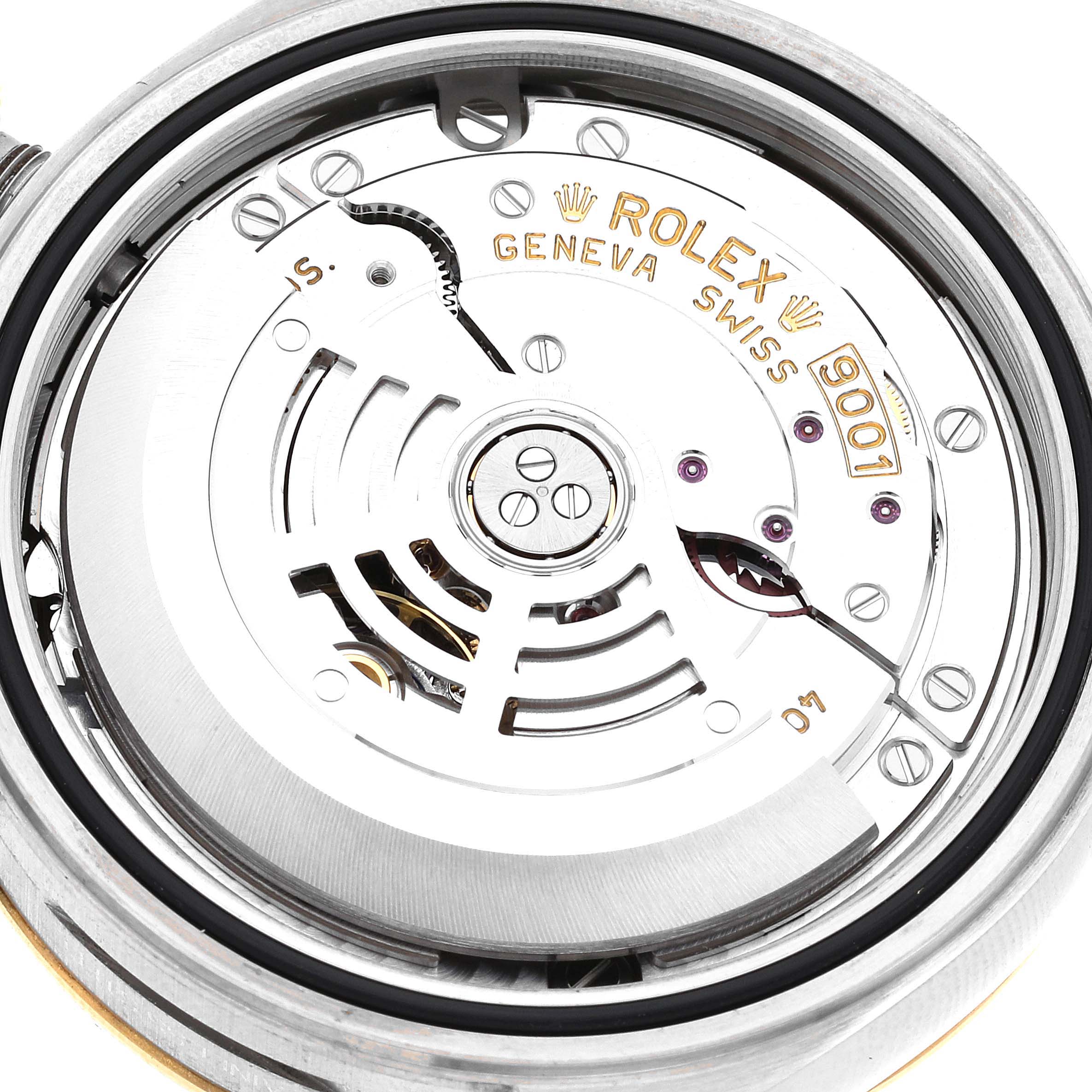 The image shows the movement and internal mechanism of the Rolex Sky-Dweller 326933 Men's Steel and Gold (two tone) Champagne Dial 326933 Men's Steel and Gold (two tone) Champagne Dial watch from a top view.