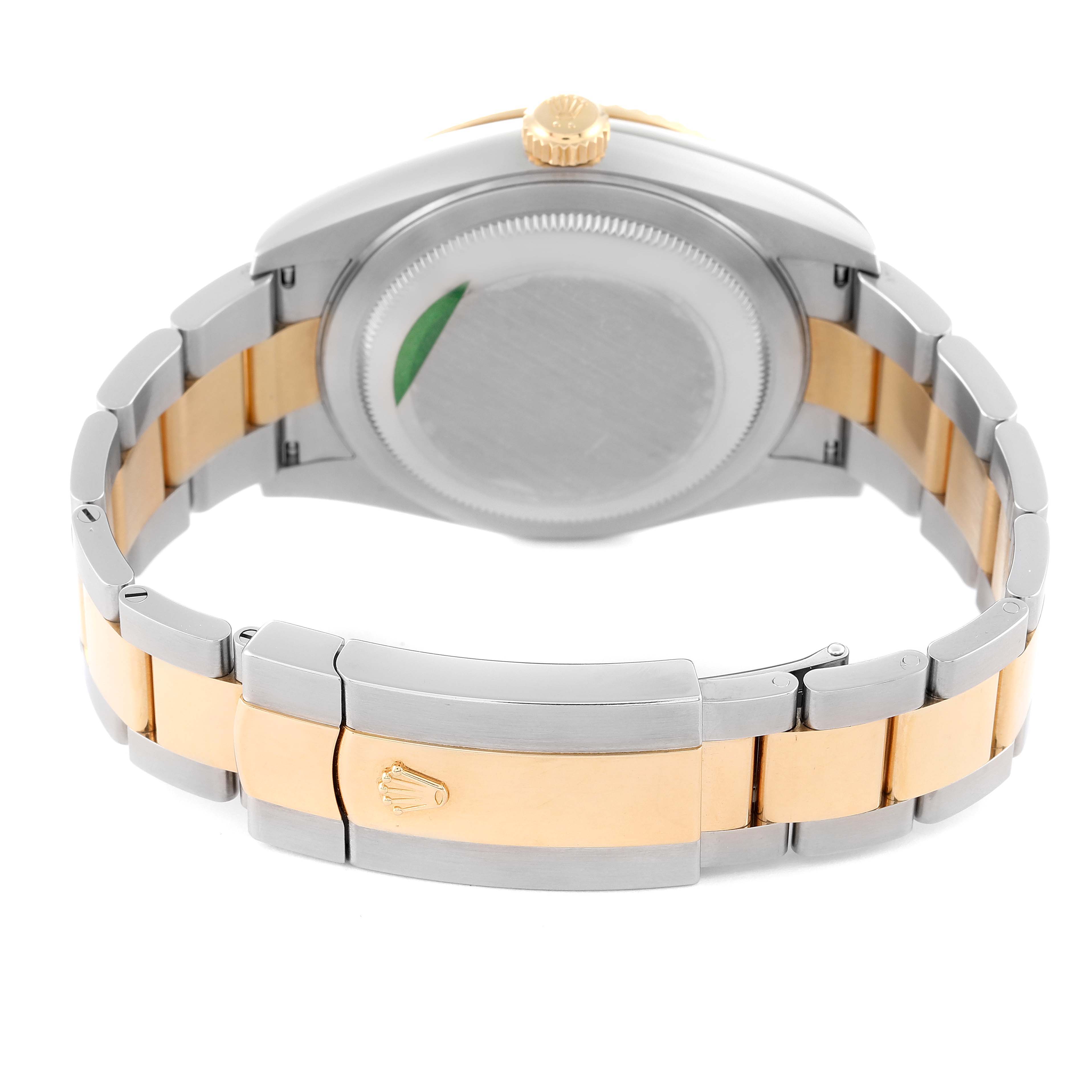 This image shows the back and bracelet clasp of a Rolex Sky-Dweller 326933 Men's Steel and Gold (two tone) Champagne Dial 326933 Men's Steel and Gold (two tone) Champagne Dial watch, highlighting its two-tone metal finish.