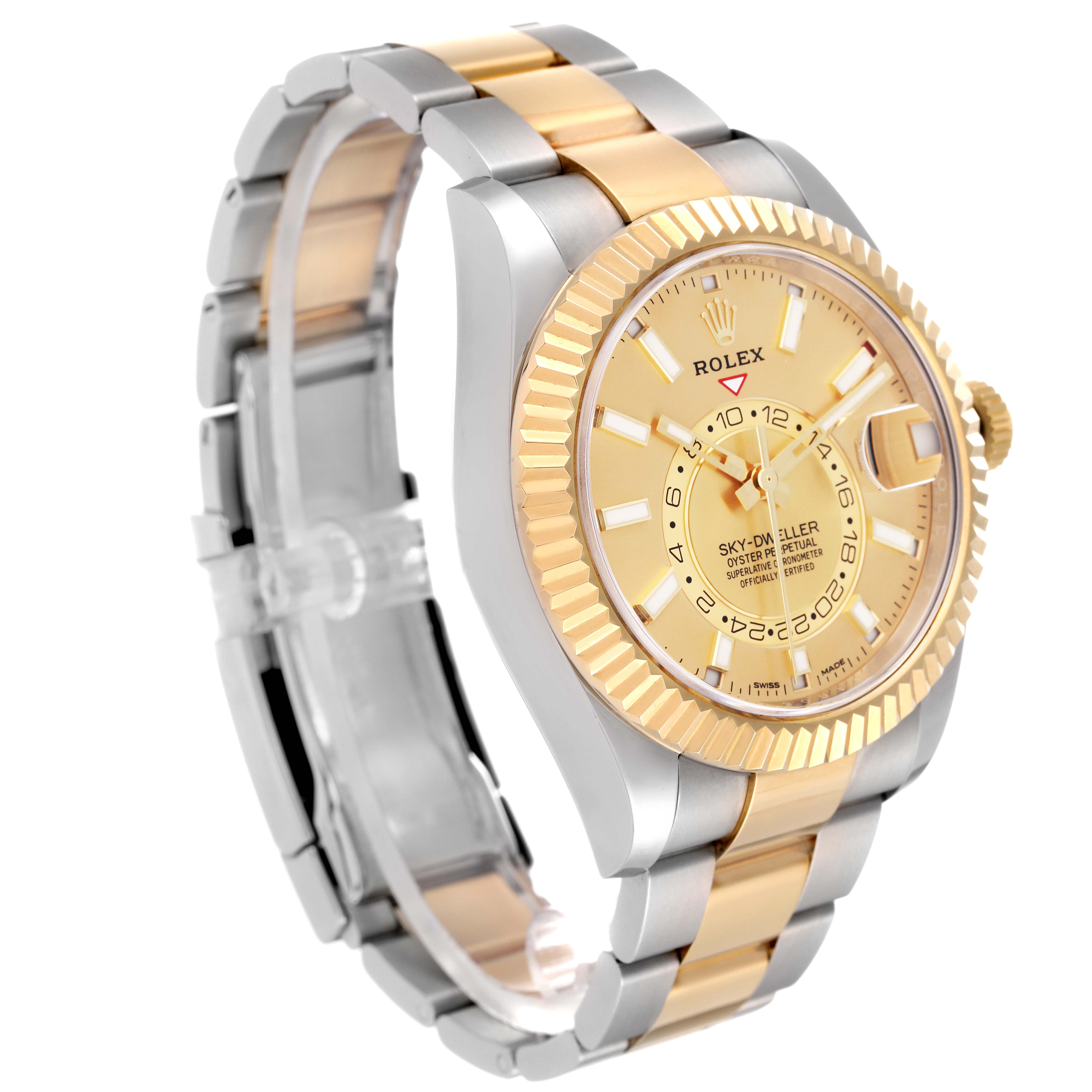 The image shows a Rolex Sky-Dweller 326933 Men's Steel and Gold (two tone) Champagne Dial 326933 Men's Steel and Gold (two tone) Champagne Dial watch from a three-quarter angle, highlighting its gold bezel, dial, and two-tone bracelet.