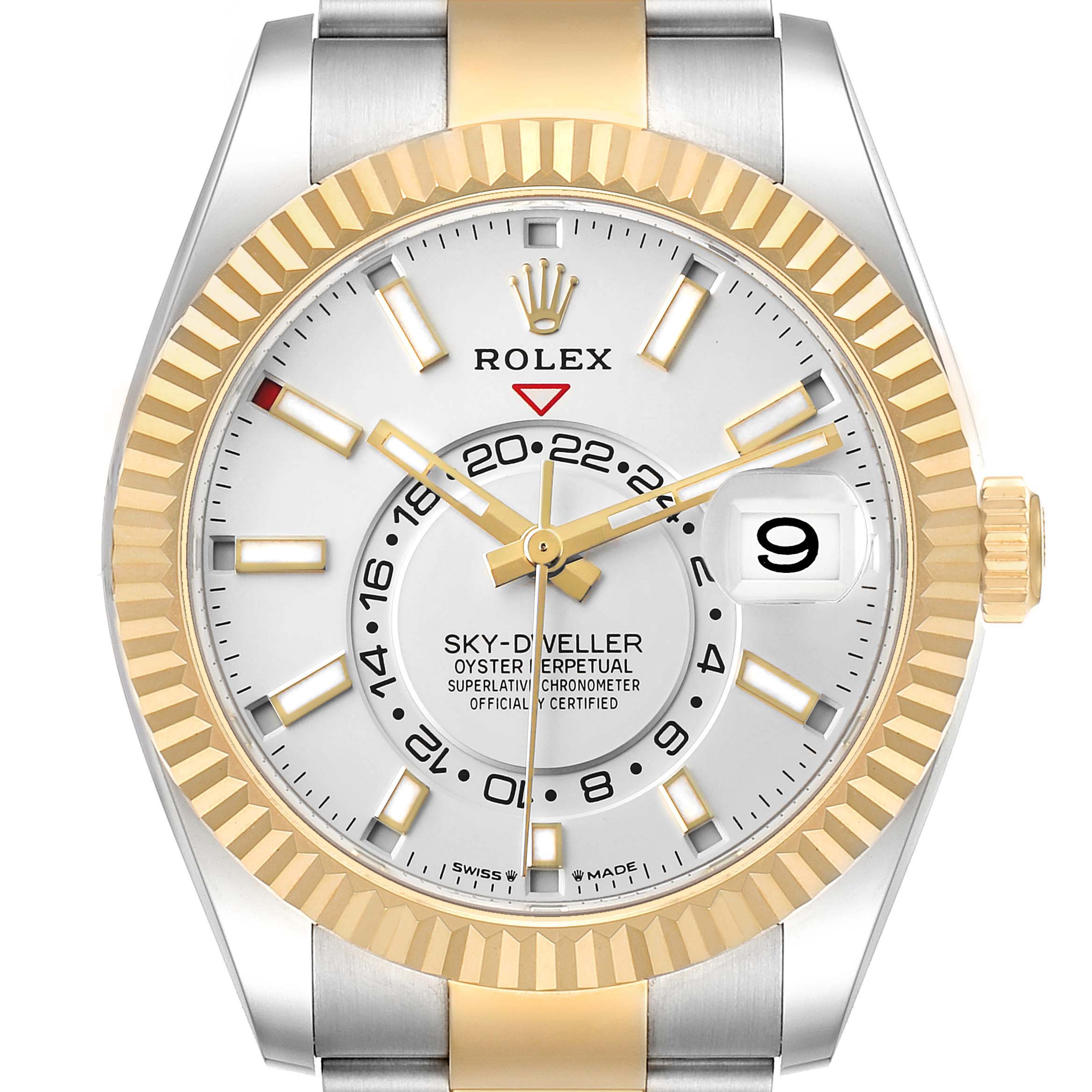 The Rolex Sky-Dweller 336933 Men's Steel and Gold (two tone) Silver Dial watch is shown from a front angle, highlighting the dial, bezel, and part of the bracelet.