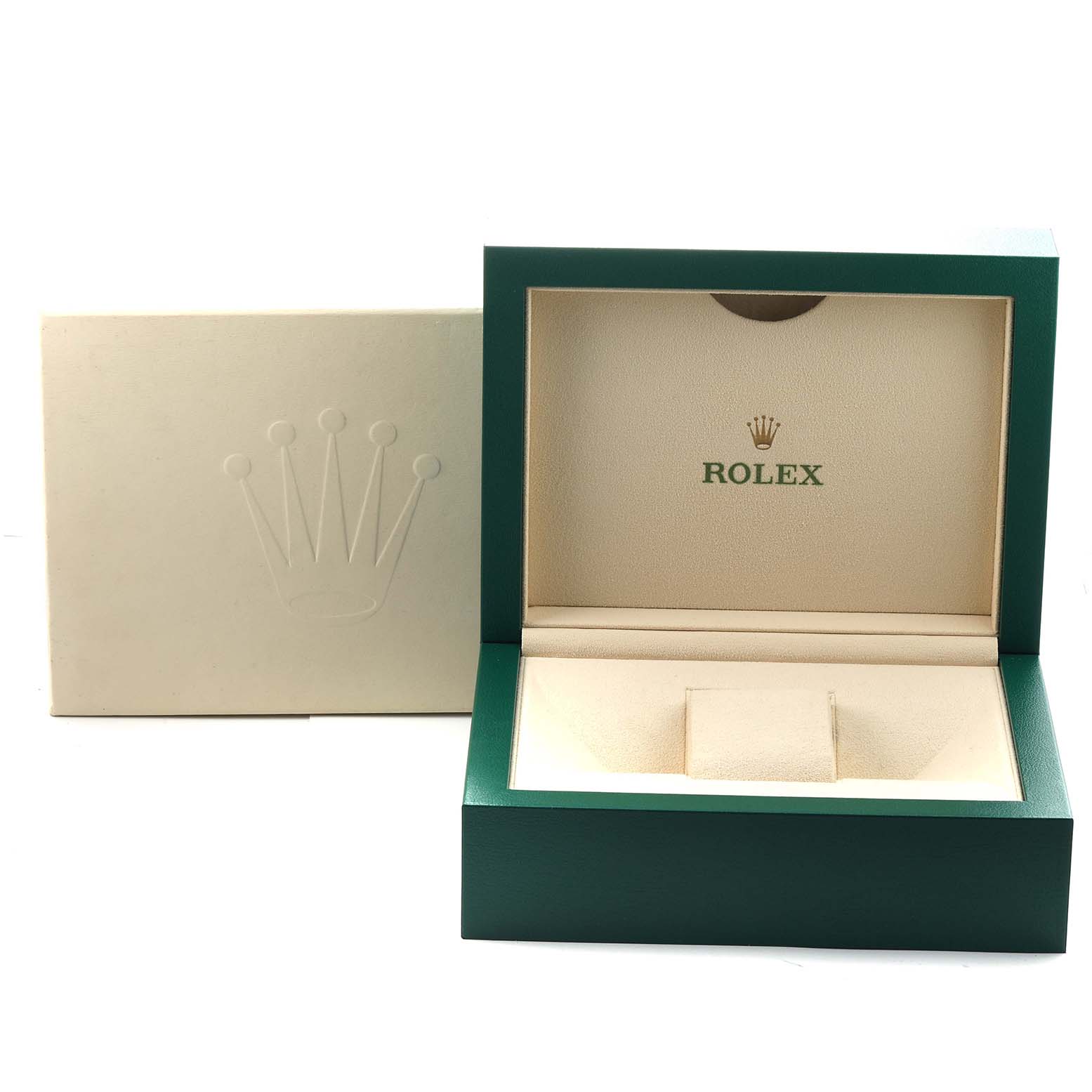 The image shows an open Rolex Sky-Dweller 336933 Men's Steel and Gold (two tone) Silver Dial watch box at an angle with the outer packaging behind it.
