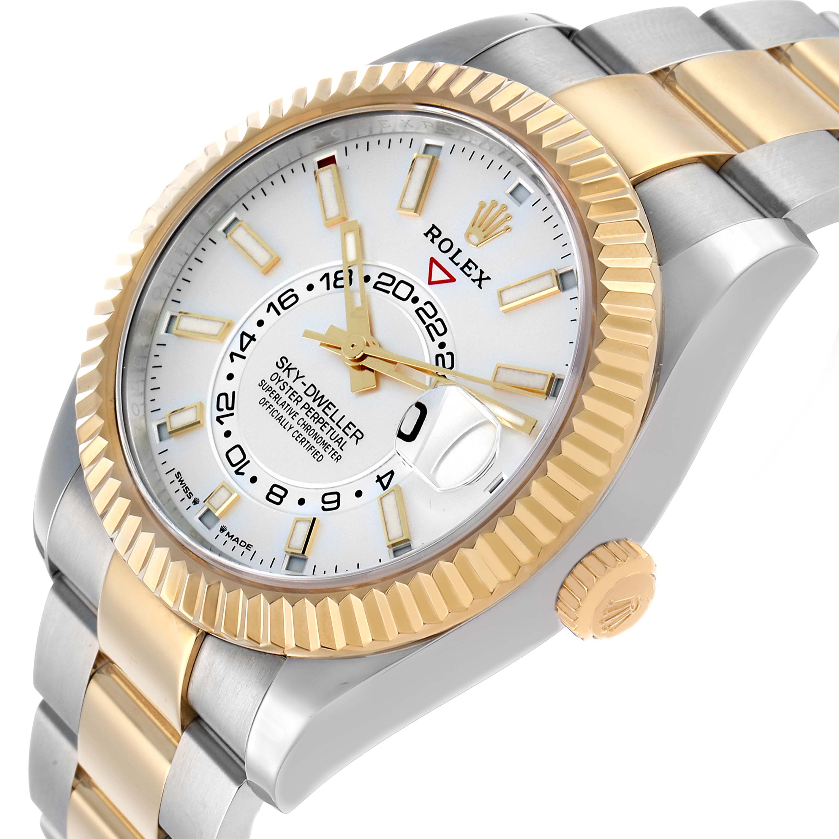 The image shows a side angle of the Rolex Sky-Dweller 336933 Men's Steel and Gold (two tone) Silver Dial watch, highlighting its dial, bezel, crown, and bracelet.