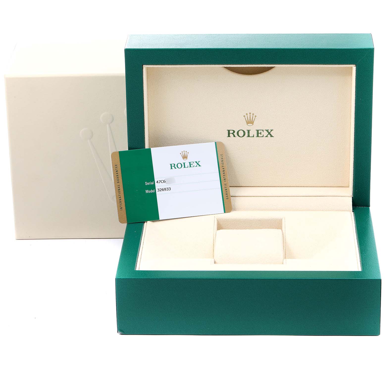 The image shows the packaging, presentation box, and certificate card of a Rolex Sky-Dweller 326933 Men's Steel and Gold (two tone) White Dial 326933 Men's Steel and Gold (two tone) White Dial watch.