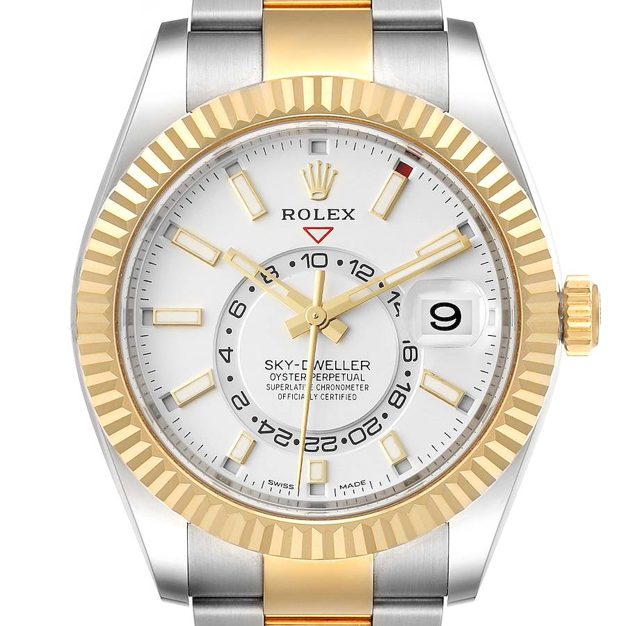 Rolex Sky Dweller Yellow Gold Steel White Dial Mens Watch 326933 Box Card SwissWatchExpo