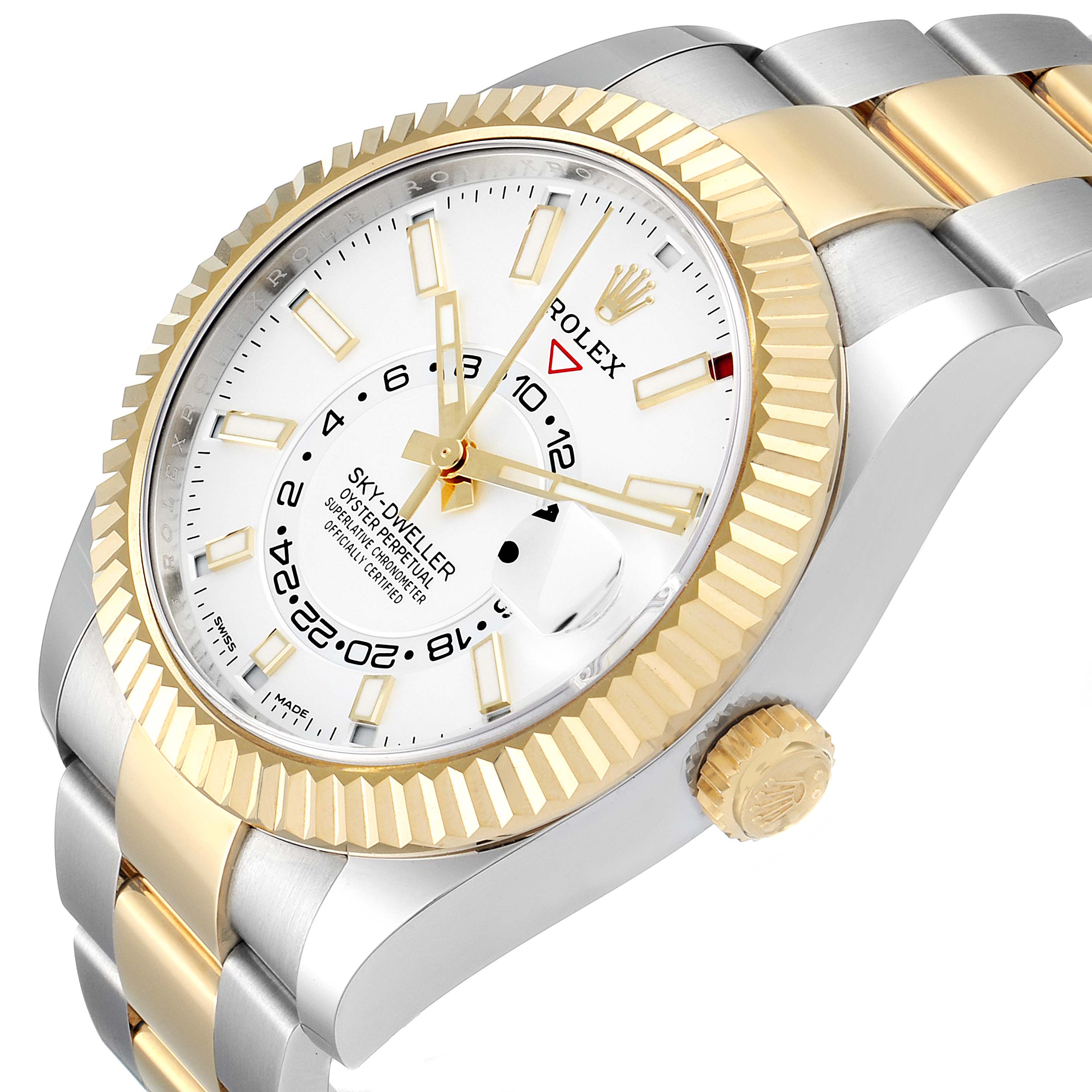 The Rolex Sky-Dweller 326933 Men's Steel and Gold (two tone) White Dial 326933 Men's Steel and Gold (two tone) White Dial watch is shown at an oblique angle, highlighting the face, bezel, and part of the bracelet.