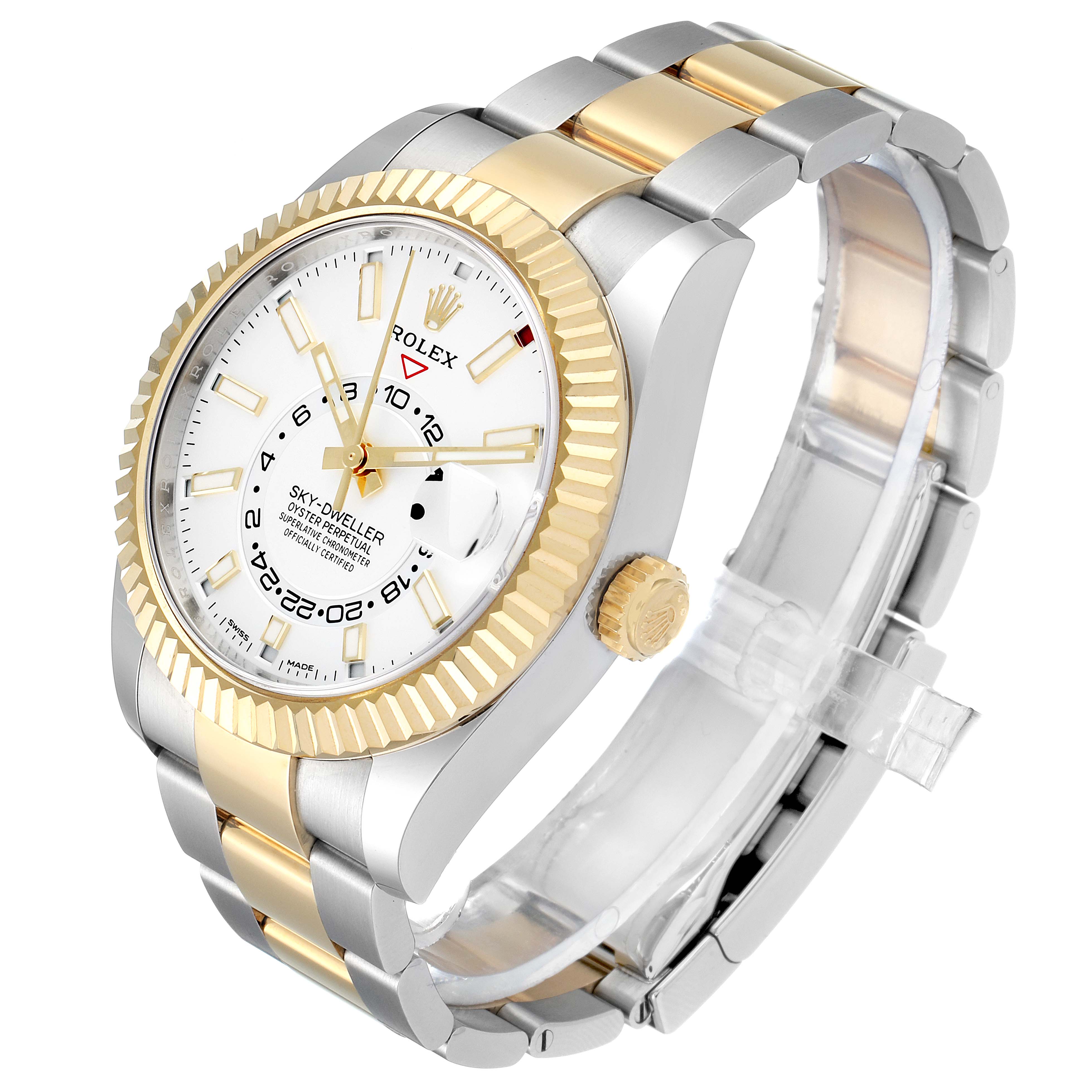 The image shows a side and angled view of a Rolex Sky-Dweller 326933 Men's Steel and Gold (two tone) White Dial 326933 Men's Steel and Gold (two tone) White Dial watch, highlighting its bezel, dial, and two-tone bracelet.