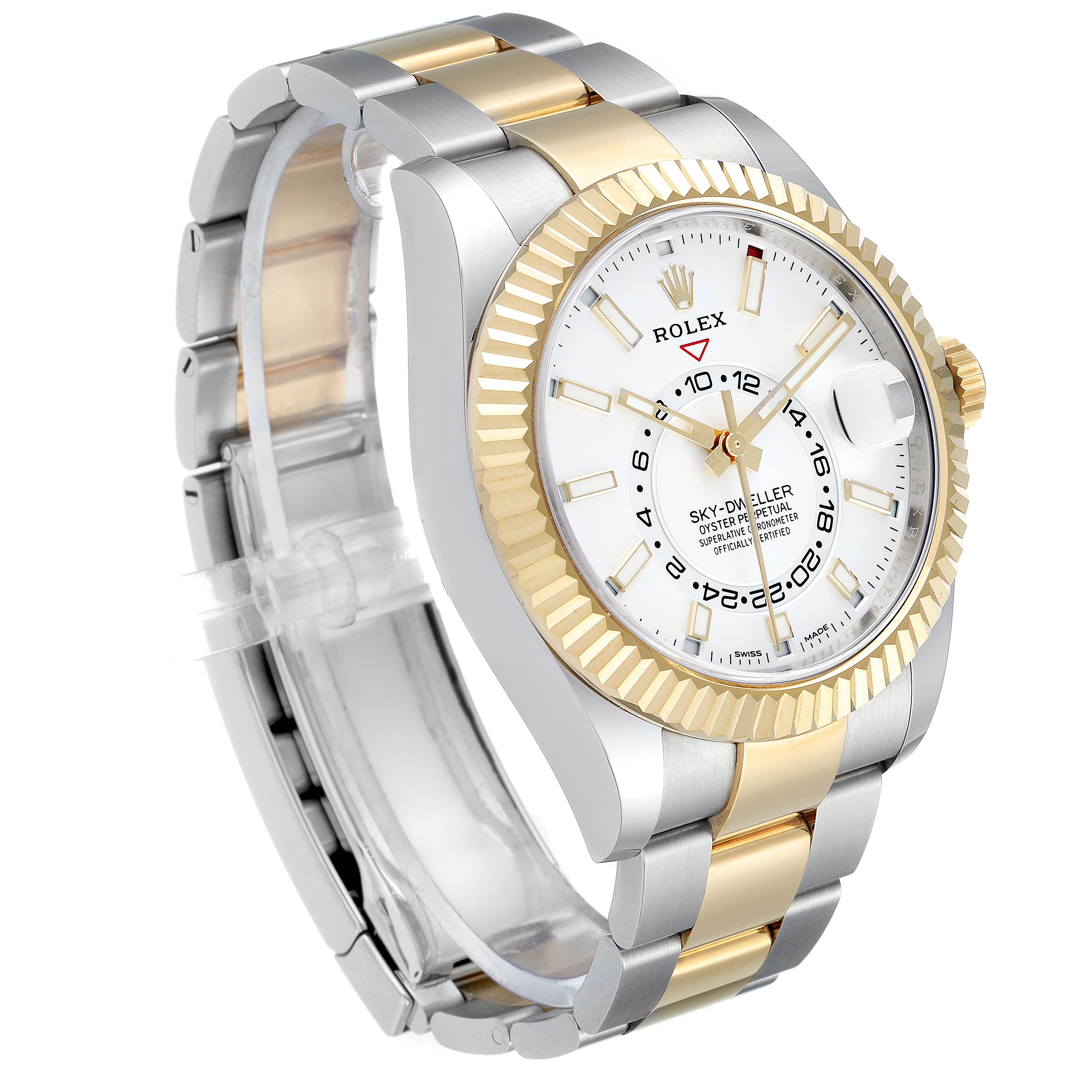 This image shows a Rolex Sky-Dweller 326933 Men's Steel and Gold (two tone) White Dial 326933 Men's Steel and Gold (two tone) White Dial watch at an angled view, highlighting its face, bezel, crown, and bracelet.