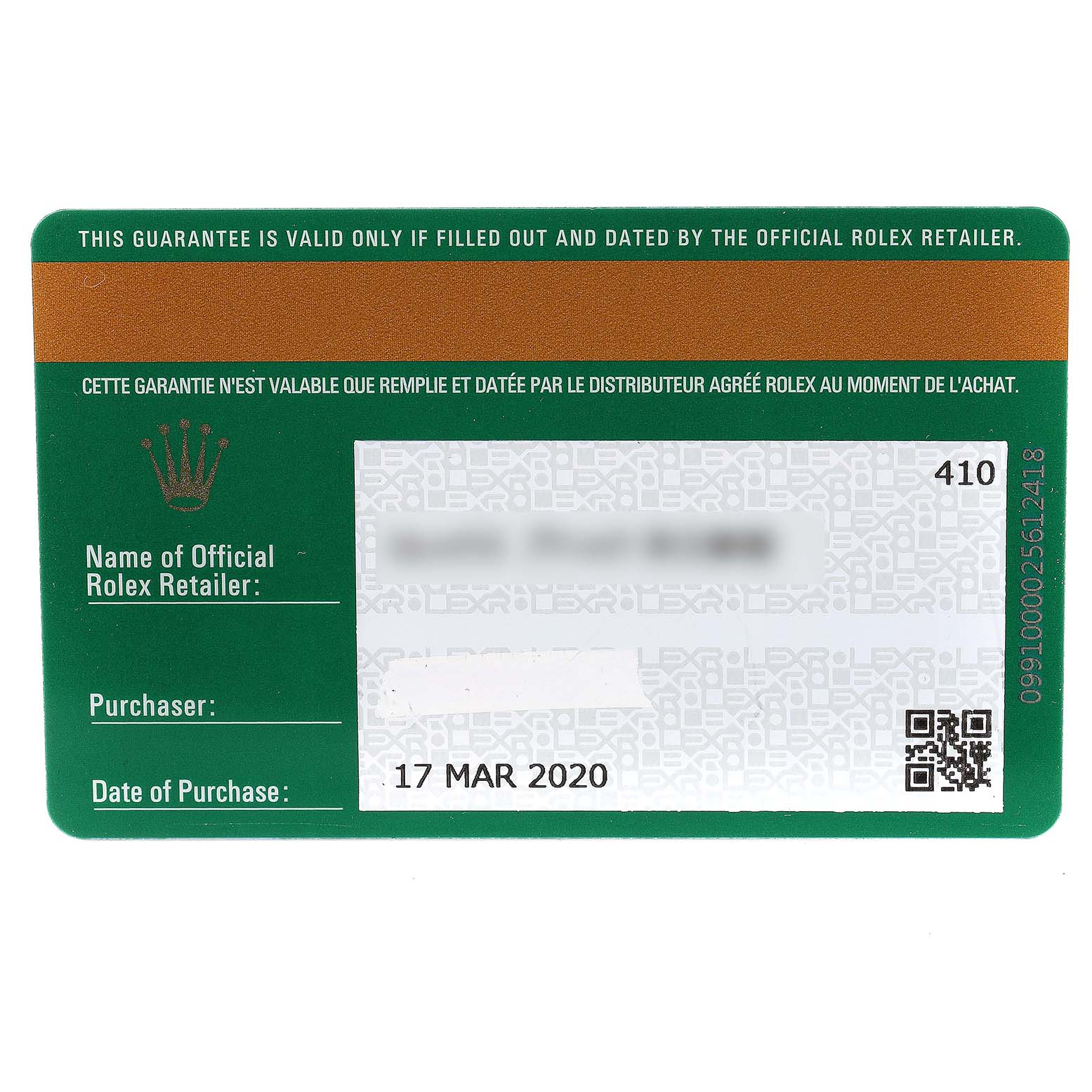 The image shows the warranty card for a Rolex Sky-Dweller 326933 Men's Steel and Gold (two tone) White Dial 326933 Men's Steel and Gold (two tone) White Dial watch, featuring purchase details and Rolex retailer information.