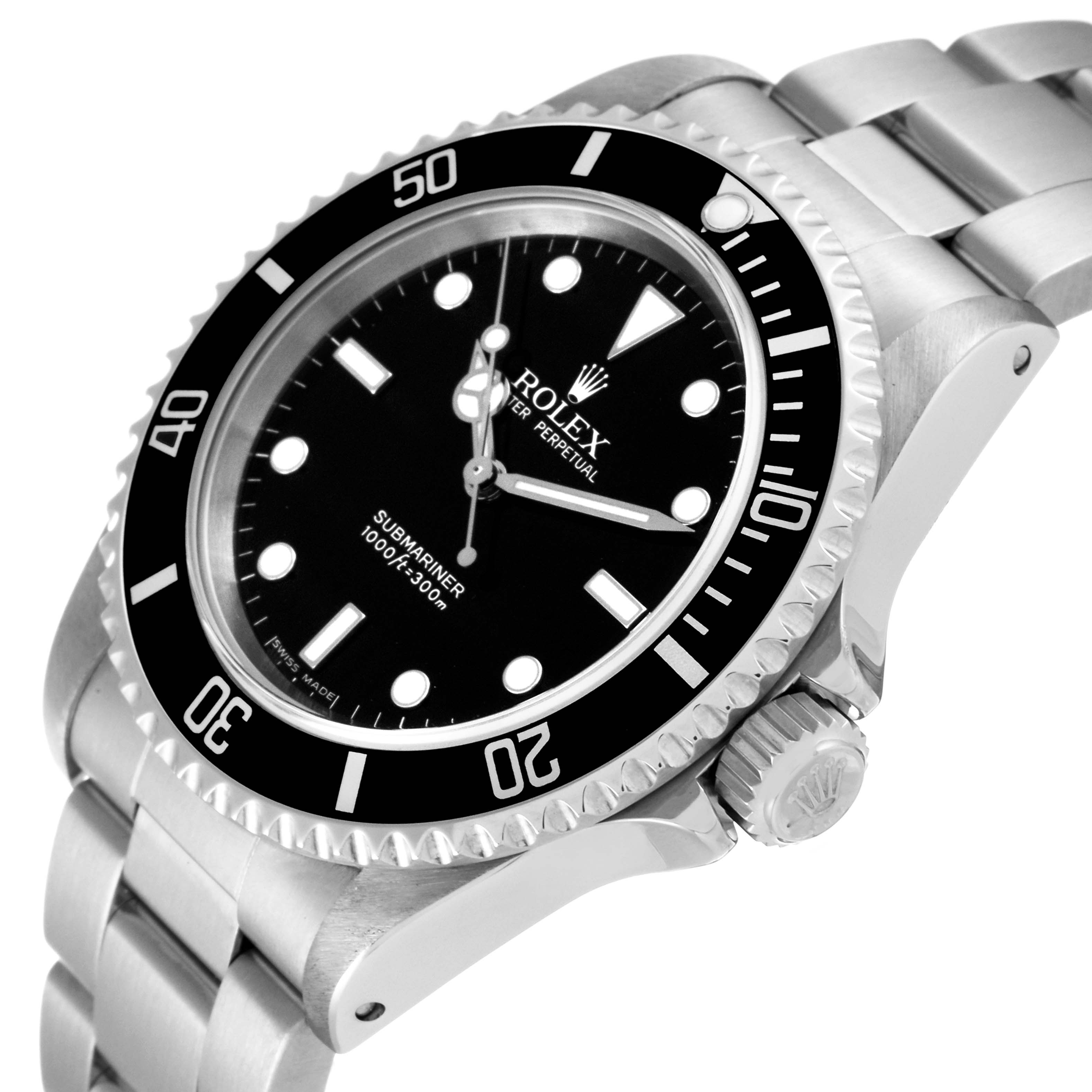 This image shows a side view of the Rolex Submariner 14060M Men's Stainless Steel Black Dial 14060M Men's Stainless Steel Black Dial watch, highlighting its black bezel, dial, crown, and stainless-steel bracelet.