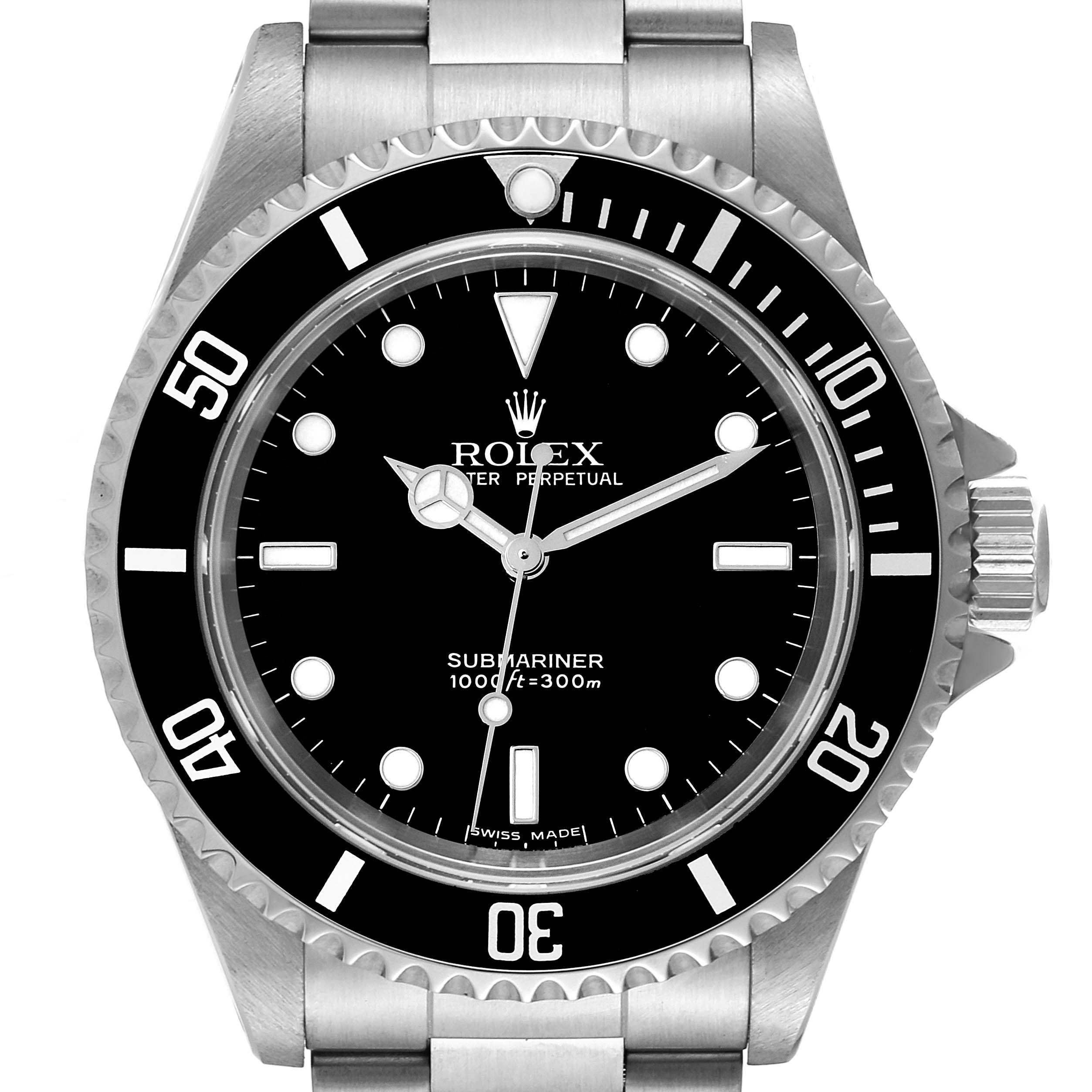 The image shows a front view of a Rolex Submariner 14060M Men's Stainless Steel Black Dial 14060M Men's Stainless Steel Black Dial watch, highlighting the bezel, dial, and crown.