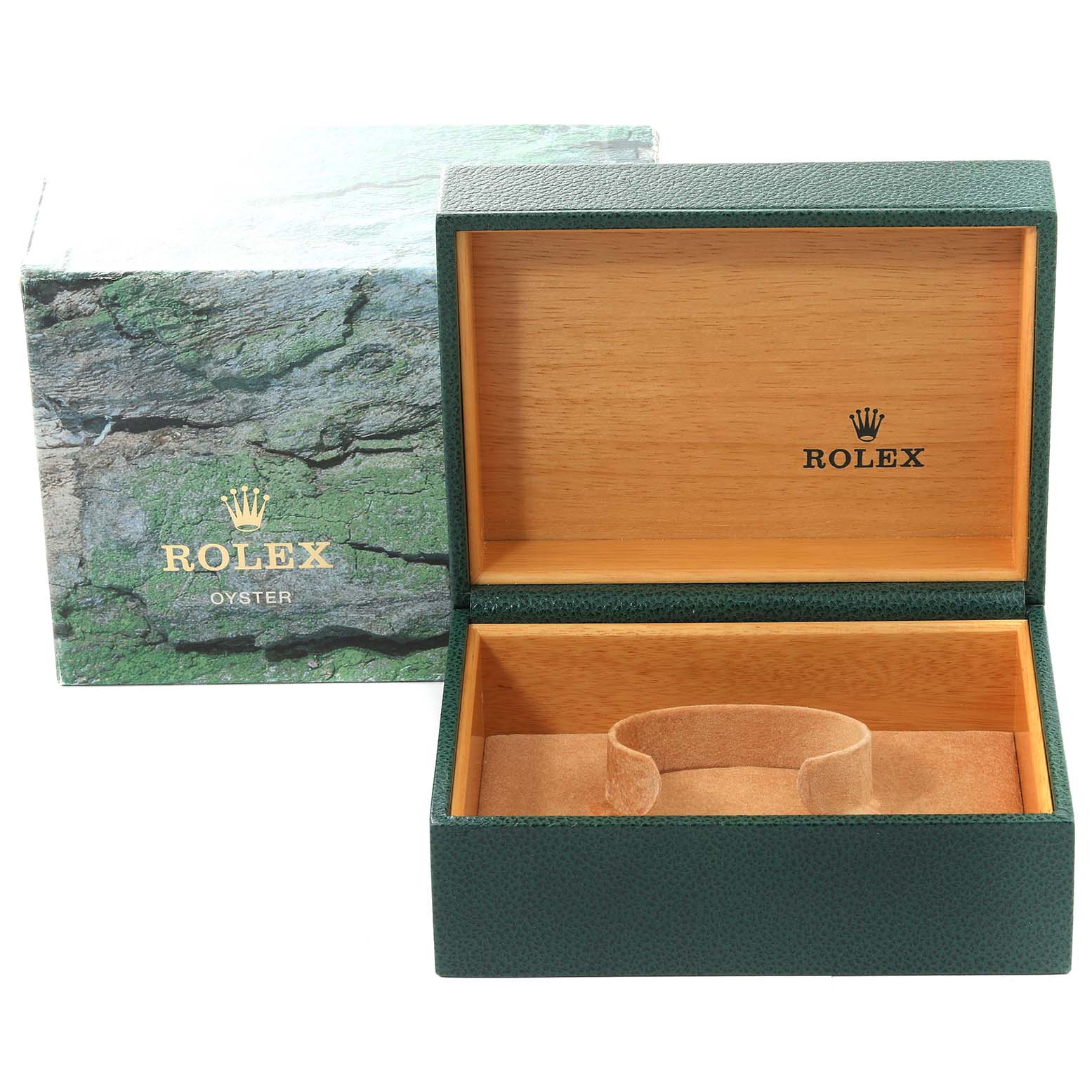 The image shows an open green Rolex watch box with "Rolex Oyster" branding, revealing the inner wooden compartment.