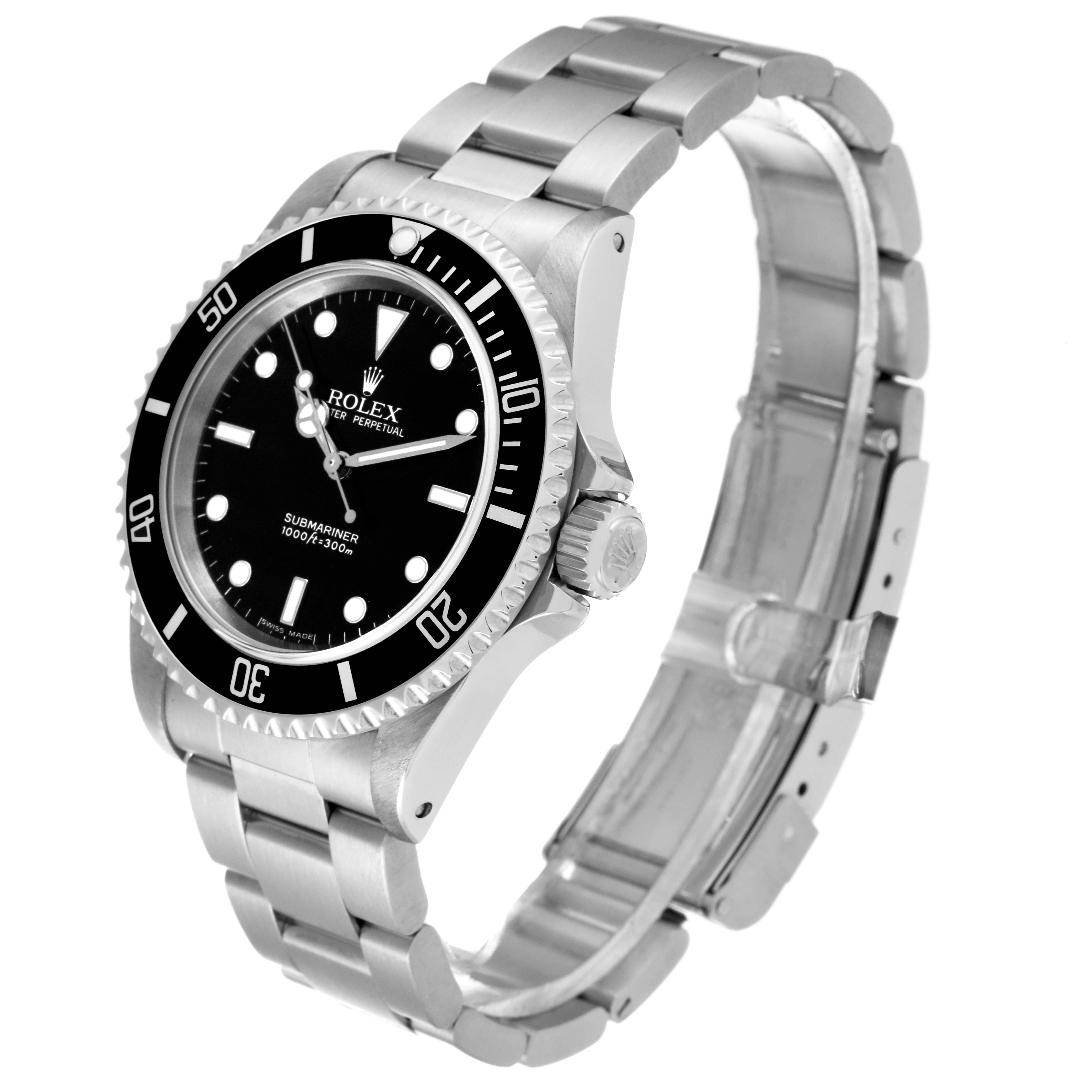 The image shows a side and diagonal view of a Rolex Submariner 14060M Men's Stainless Steel Black Dial 14060M Men's Stainless Steel Black Dial, highlighting its black dial, rotating bezel, and metal bracelet.