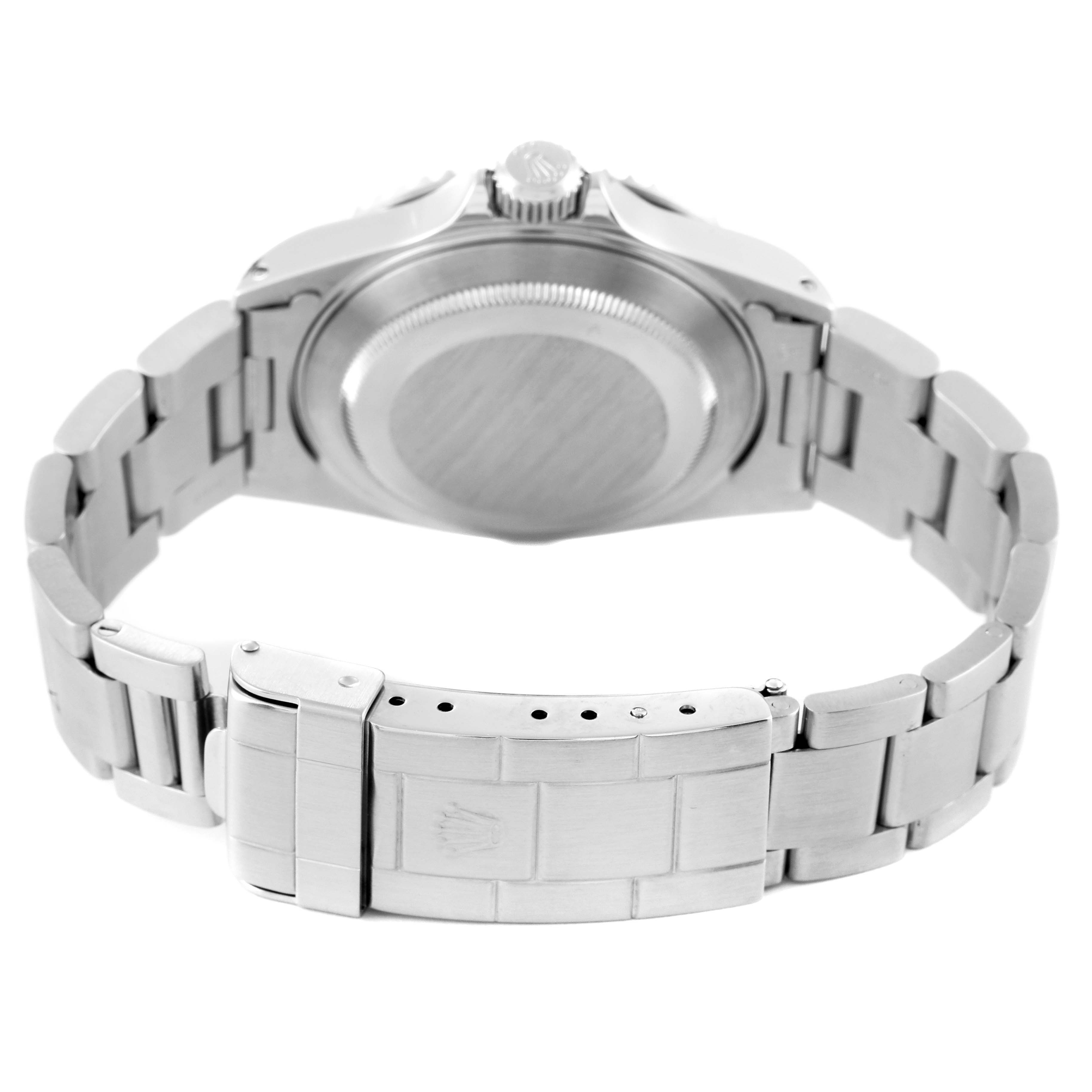 The image shows the case back and bracelet clasp of a Rolex Submariner 14060M Men
s Stainless Steel Black Dial 14060M Men
s Stainless Steel Black Dial watch from a rear angle.