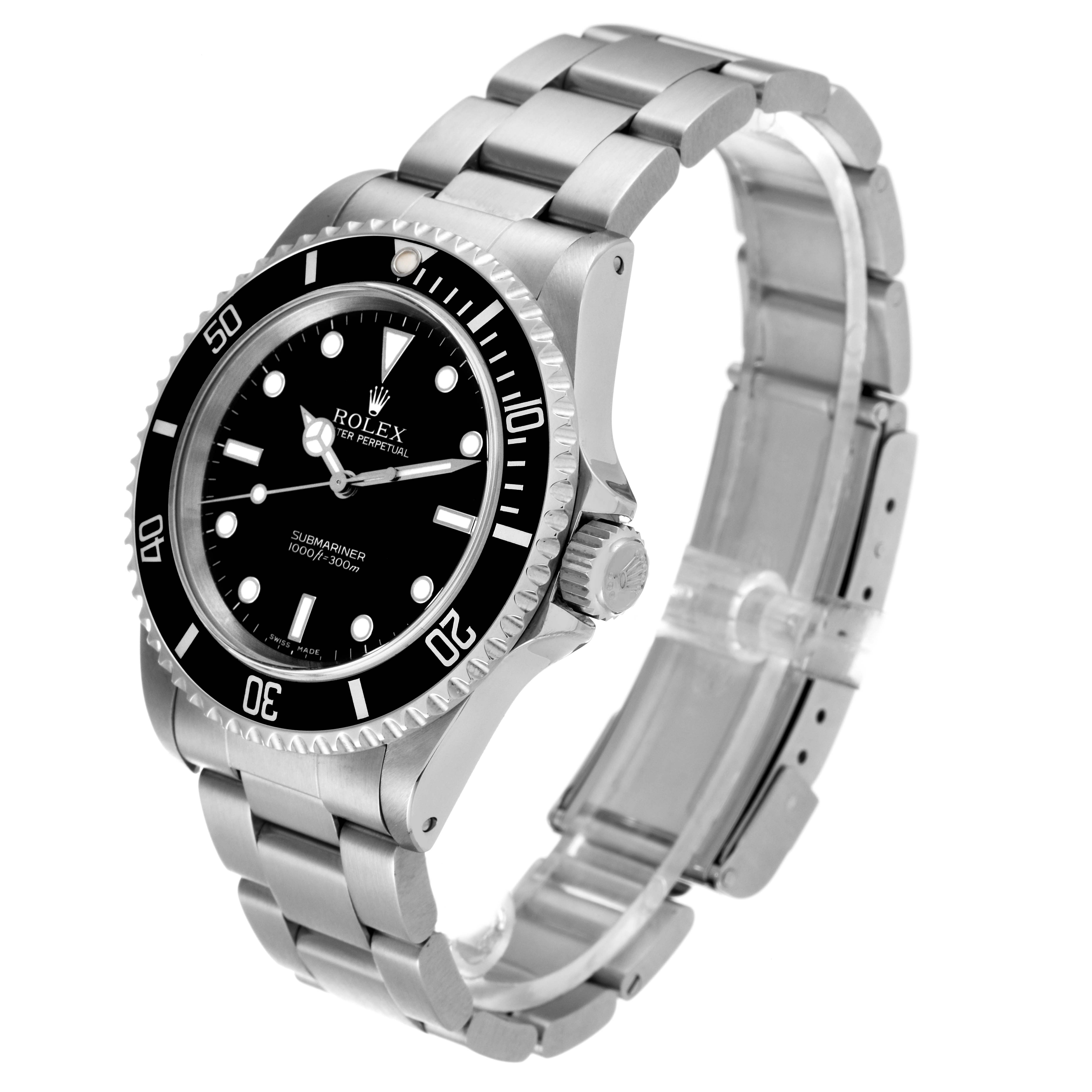 The image shows a Rolex Submariner 14060M Men
s Stainless Steel Black Dial 14060M Men
s Stainless Steel Black Dial watch at a three-quarter angle, highlighting its bezel, dial, and bracelet.