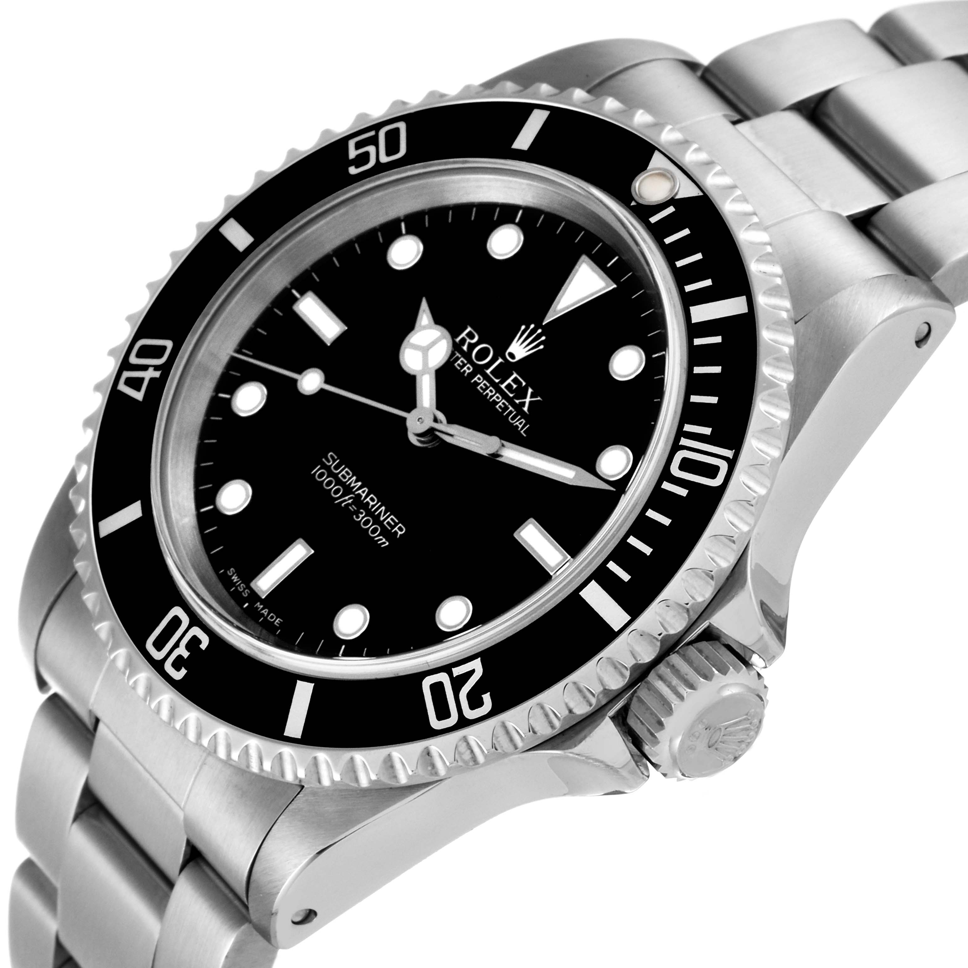 The image shows a Rolex Submariner 14060M Men
s Stainless Steel Black Dial 14060M Men
s Stainless Steel Black Dial watch angled from the left side, highlighting the face, bezel, crown, and part of the bracelet.
