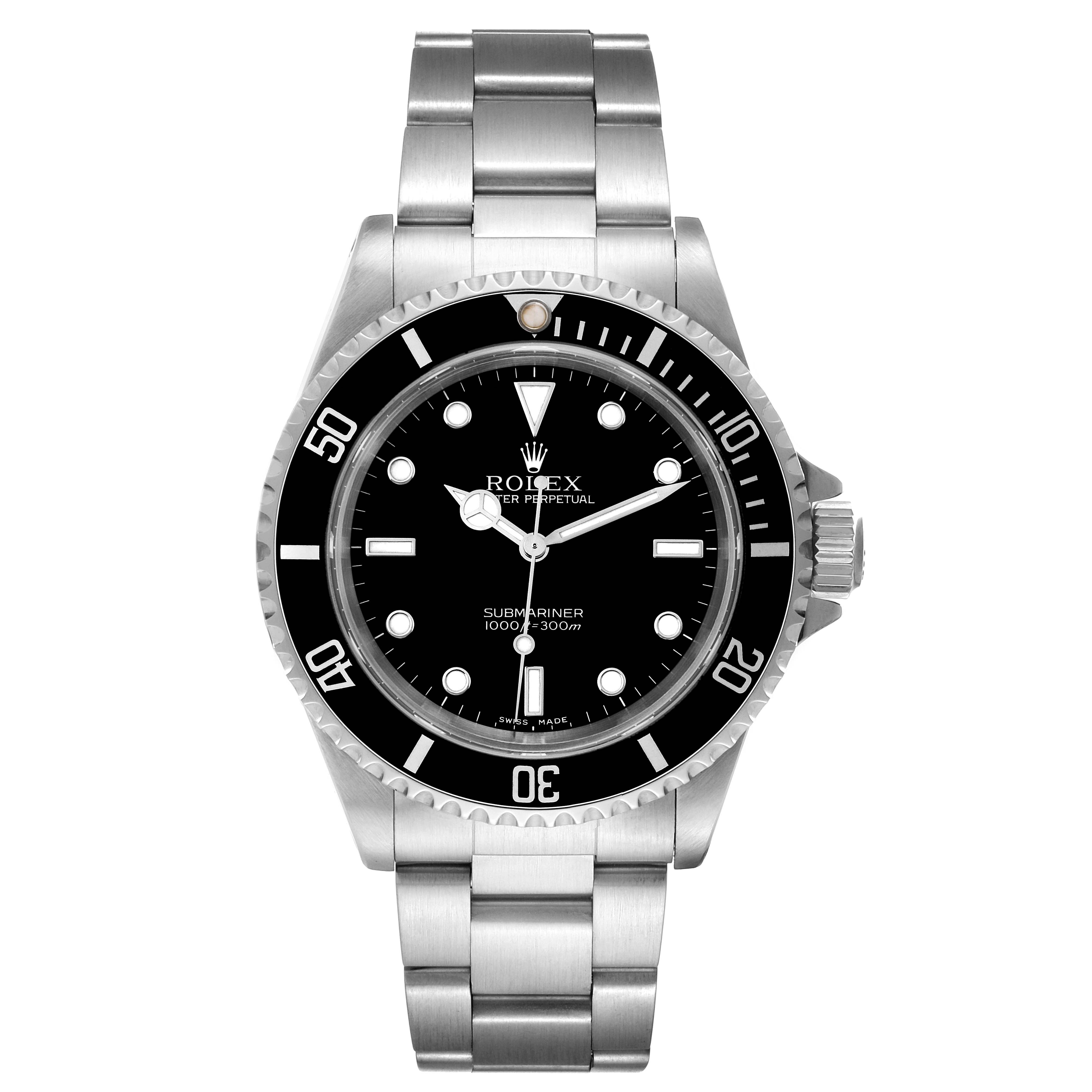 The Rolex Submariner 14060M Men
s Stainless Steel Black Dial 14060M Men
s Stainless Steel Black Dial watch is shown from a front angle, displaying the black dial, bezel, and metal bracelet.