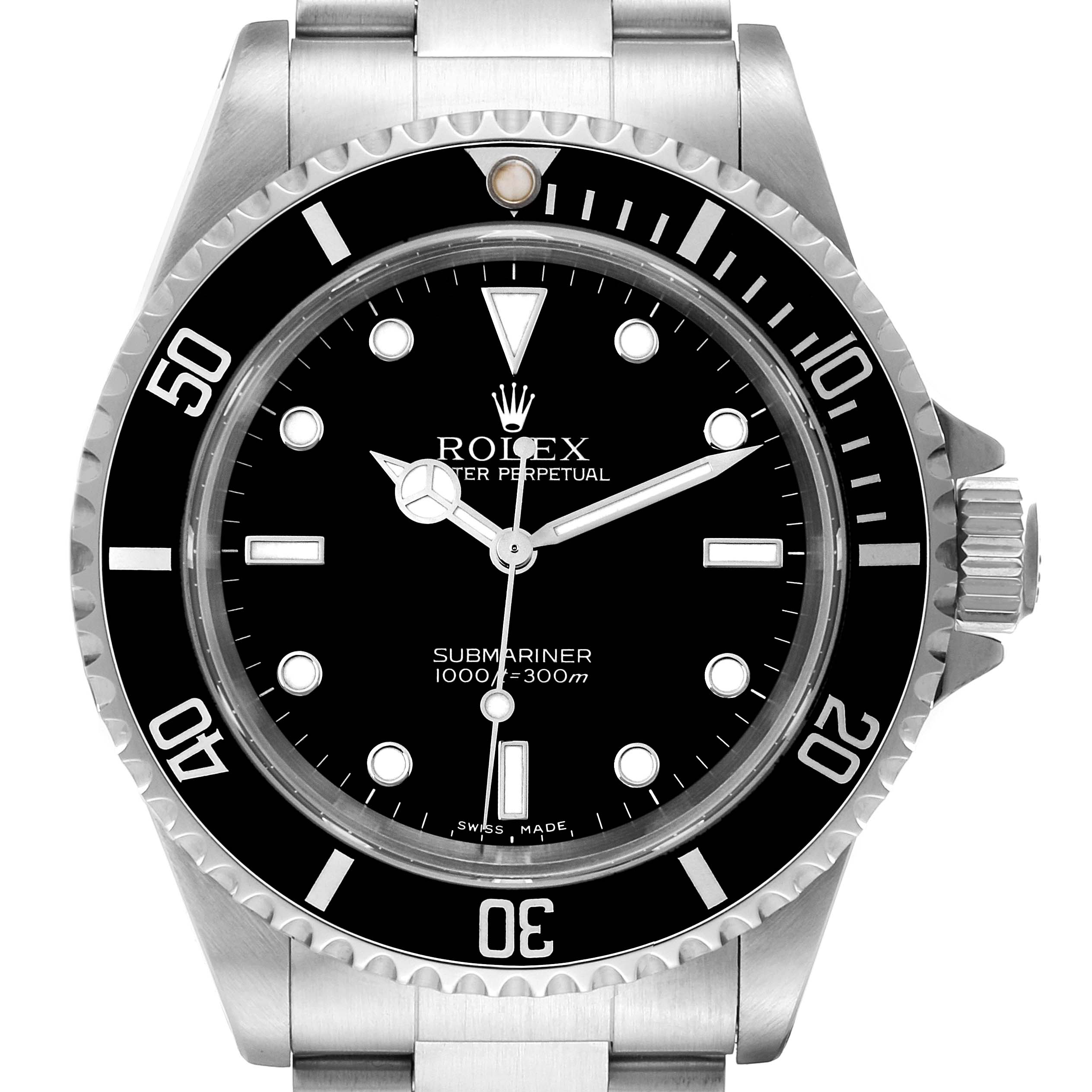 The image shows a front view of a Rolex Submariner 14060M Men
s Stainless Steel Black Dial 14060M Men
s Stainless Steel Black Dial watch, highlighting the dial, bezel, and part of the bracelet.