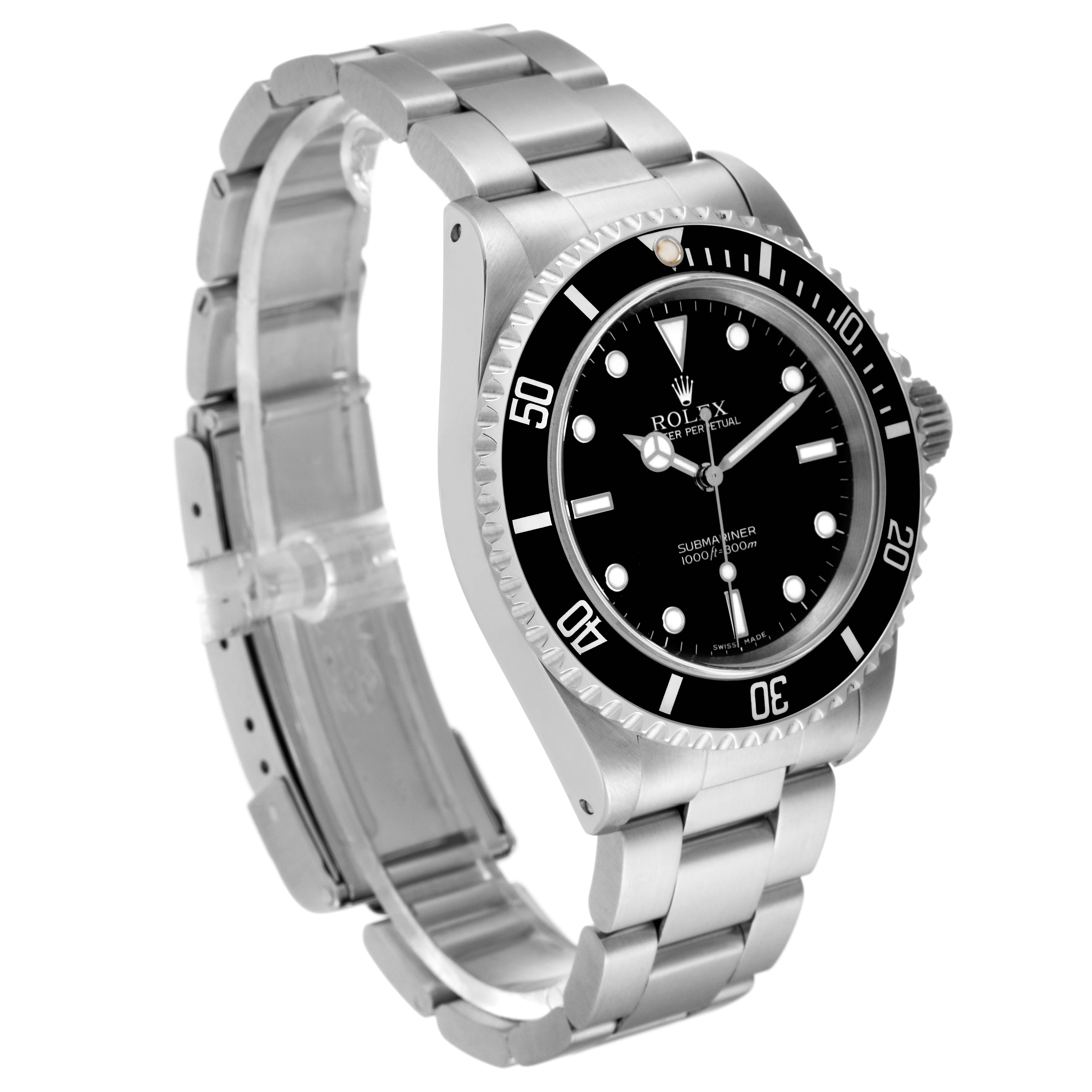 The image shows a Rolex Submariner 14060M Men
s Stainless Steel Black Dial 14060M Men
s Stainless Steel Black Dial watch from a three-quarter front angle, highlighting the dial, bezel, and bracelet.